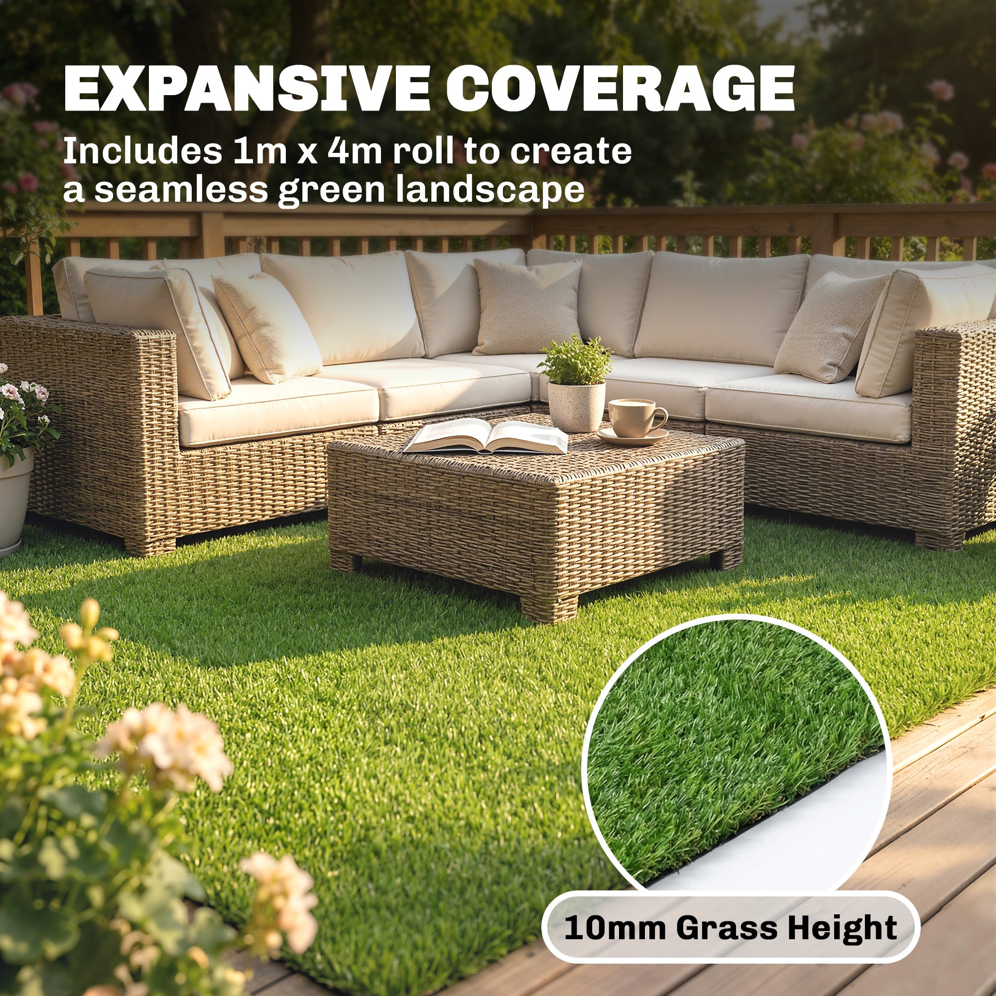 Artificial Grass Turf Low Maintenance Realistic Lawn Pet Turf with Drain Holes for Garden 1m x 4m Green