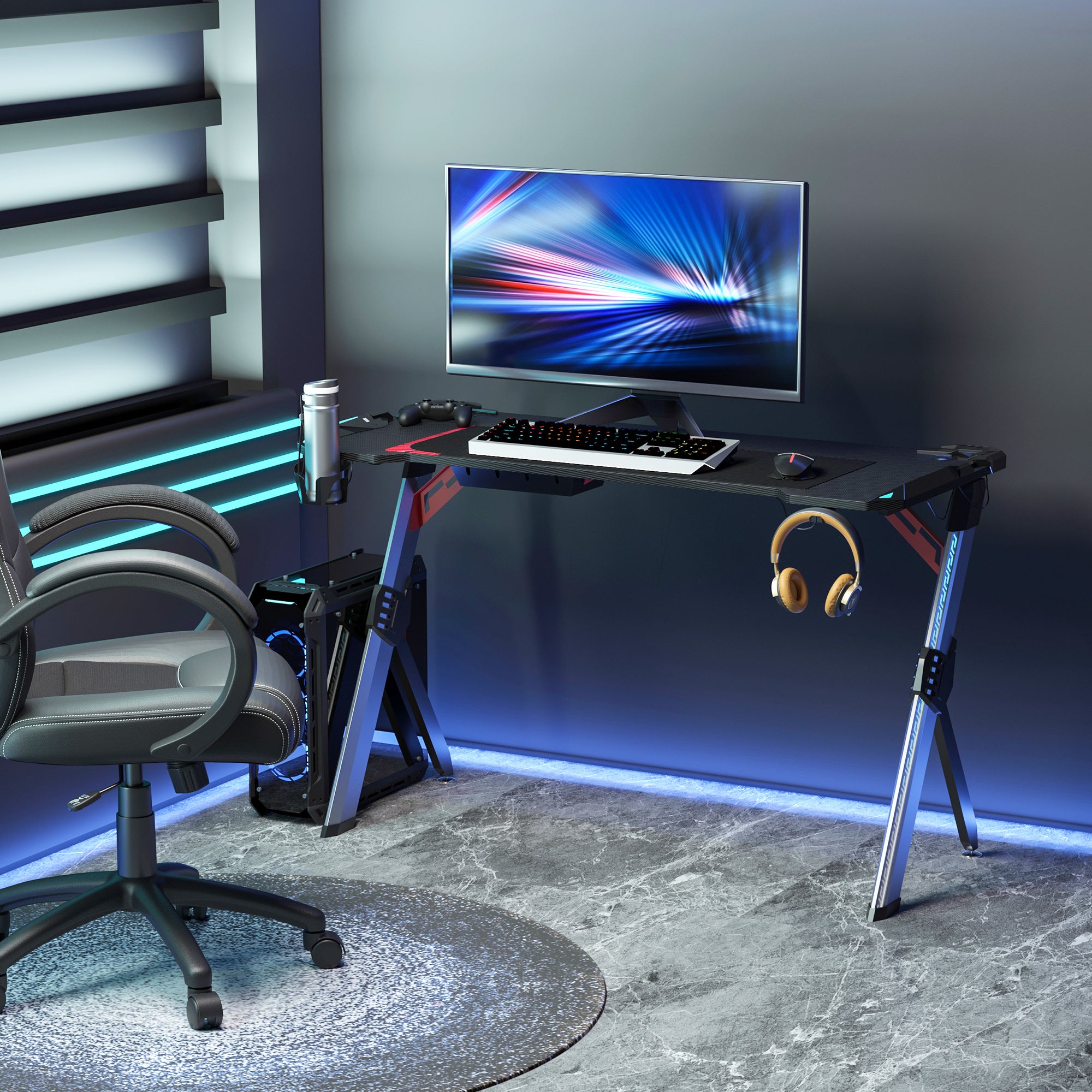 Gaming Desk with LED Lights, 120 x 60cm Computer Desk, Gaming Table with Carbon Fibre Tabletop, Cup Holder, Headphone Hook, Cable Management, Black