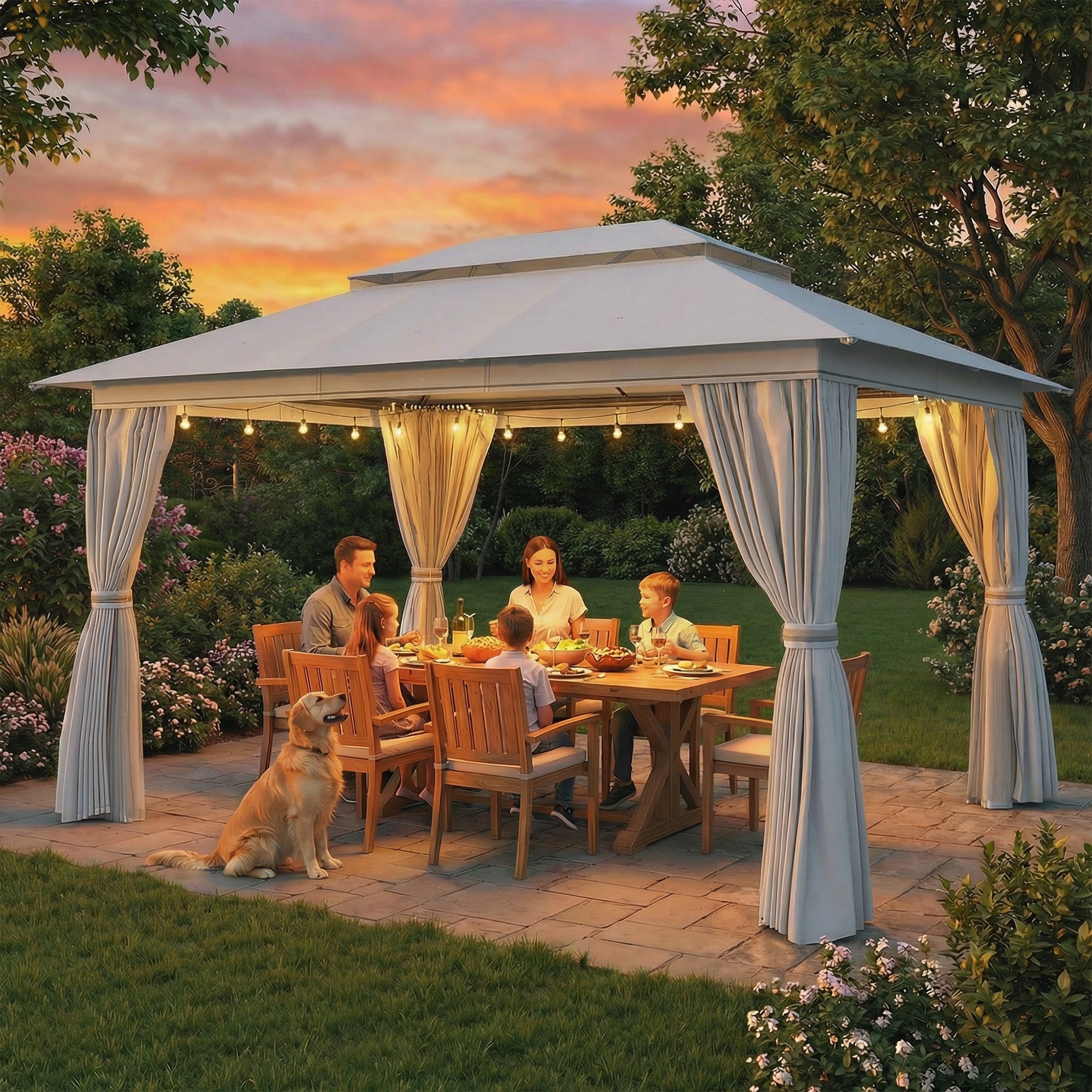 3 x 4 m Outdoor Garden Gazebo with Netting and Curtains, UPF50+ Patio Gazebo Permanent Pavilion Canopy, Dark Grey