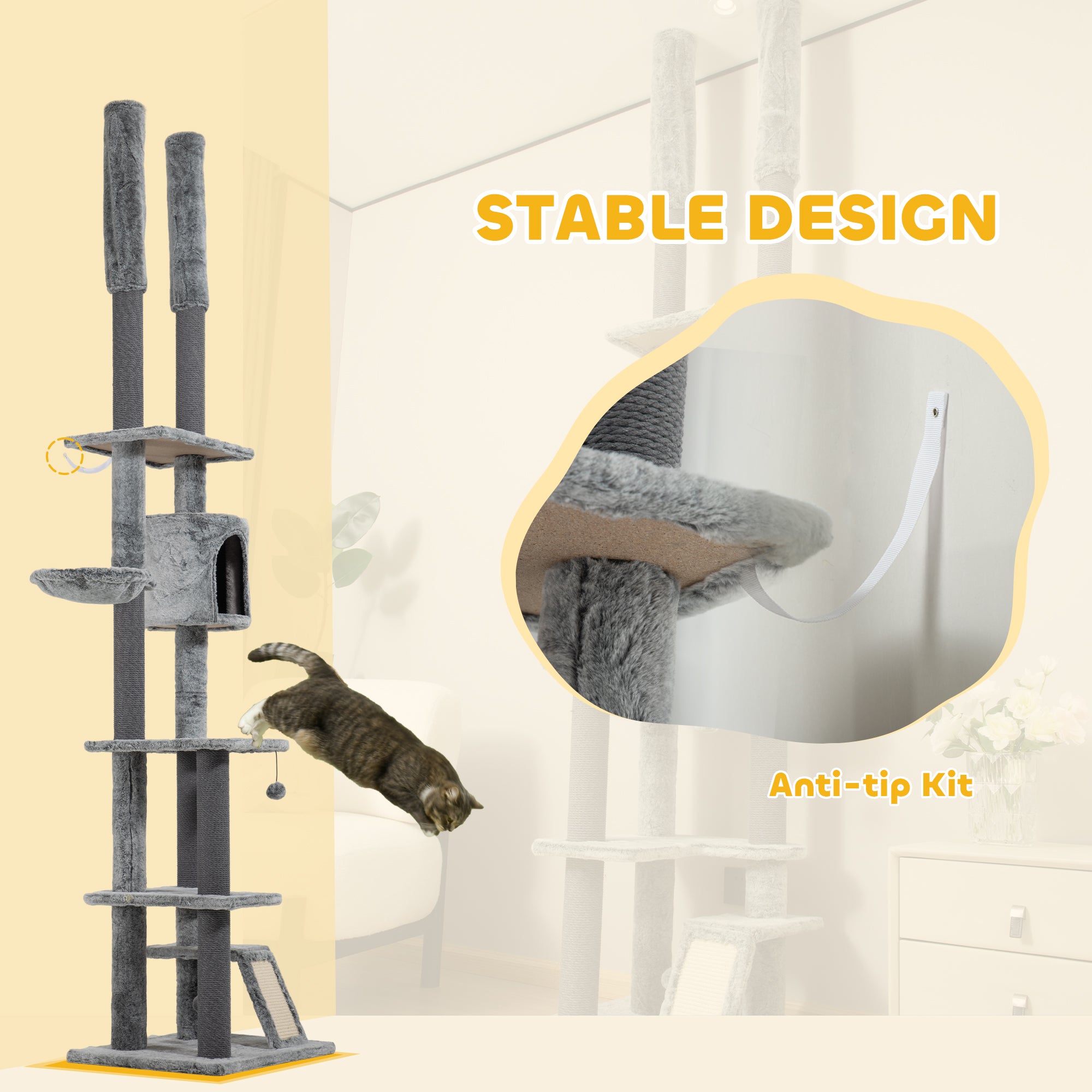 225-255cm Height Floor-to-Ceiling Cat Tree Large Cat Tower w/ Cat Scratching Posts, Ramp, Condo