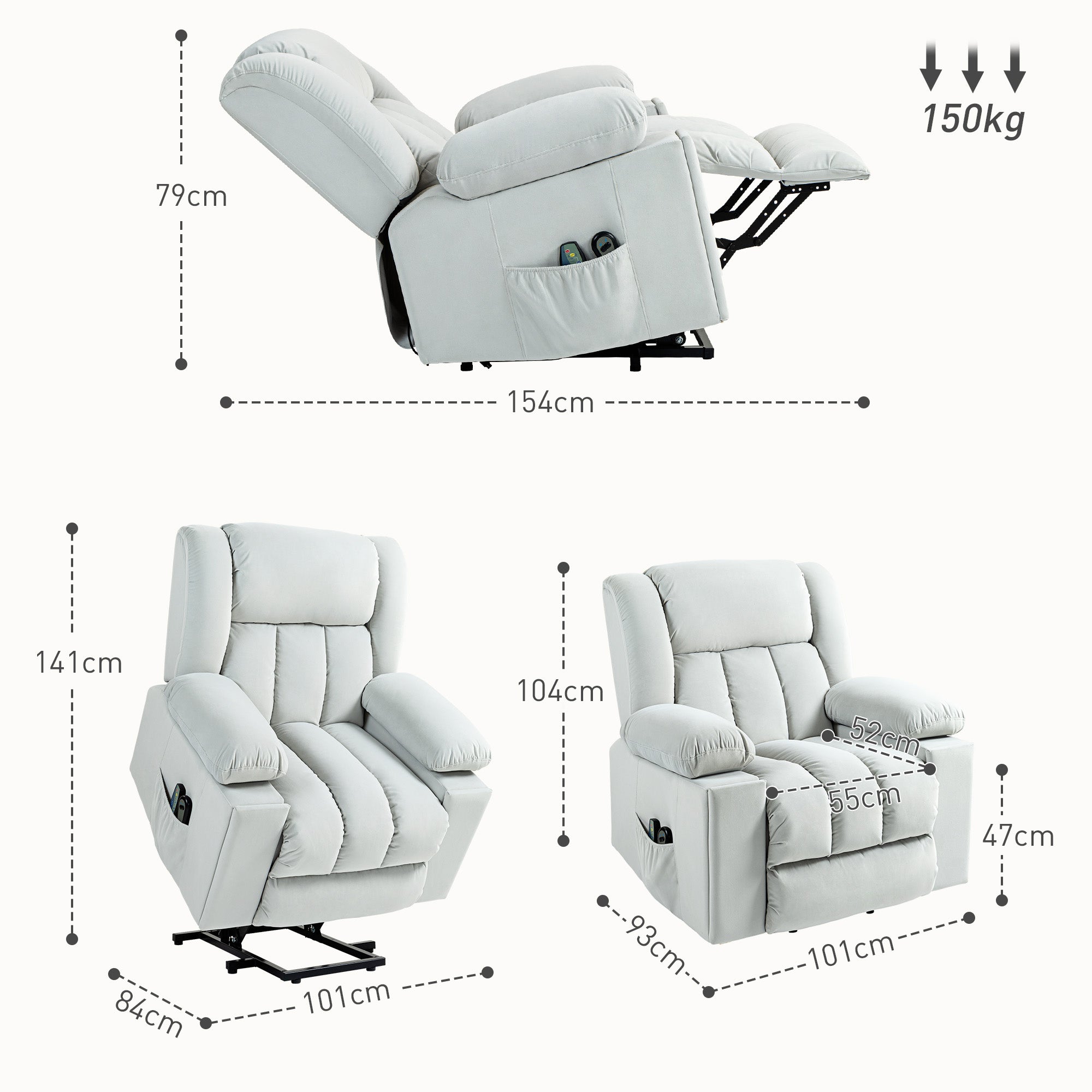 Power Lift Recliner Chair with Vibration Massage and Heat, Electric Lift Chair for Elderly, Overstuffed Fabric Riser and Reclining Armchair with USB Ports, Cup Holders, Light Grey