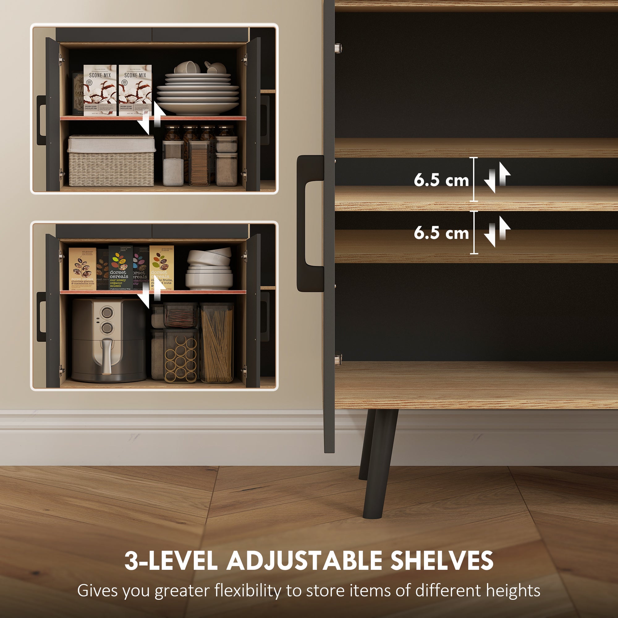 176 cm Kitchen Cupboard with LED Lights - Oak and Black