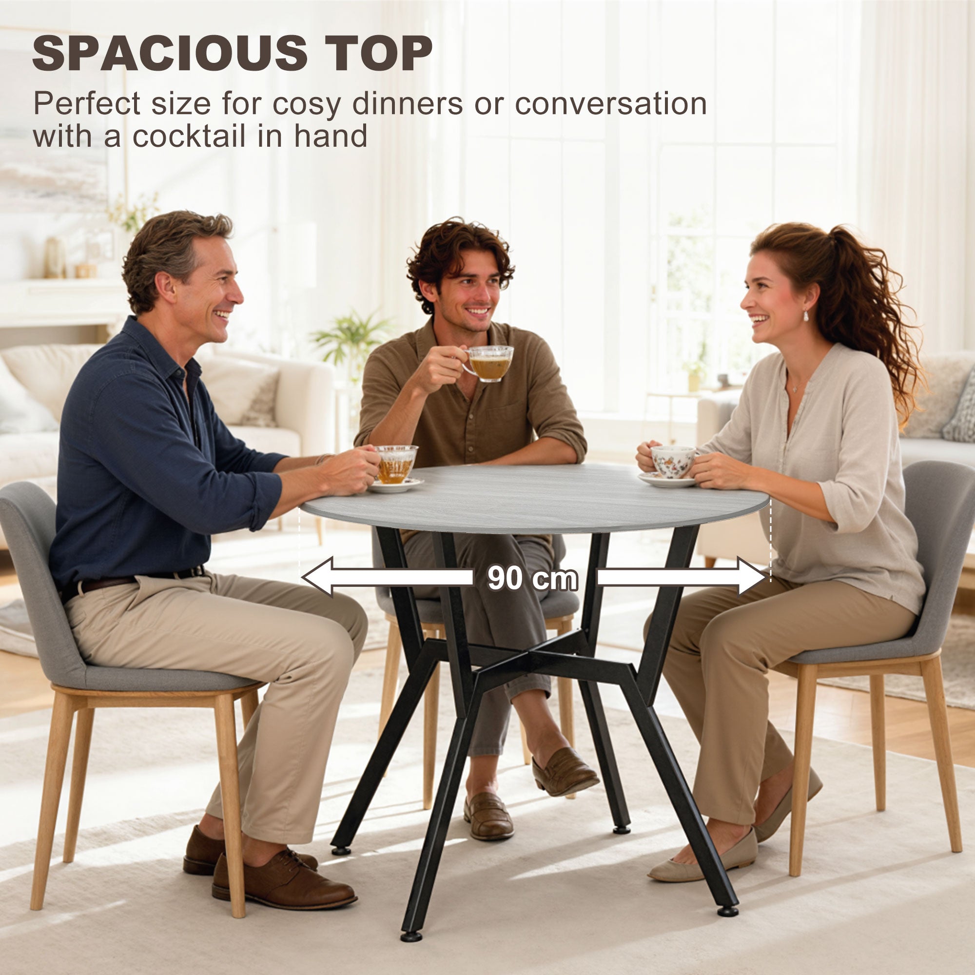 Dining Table, Round Kitchen Table with Black Legs, Anti-slip Foot Pads for Living Room, Dining Room 90 x 76 cm, Grey