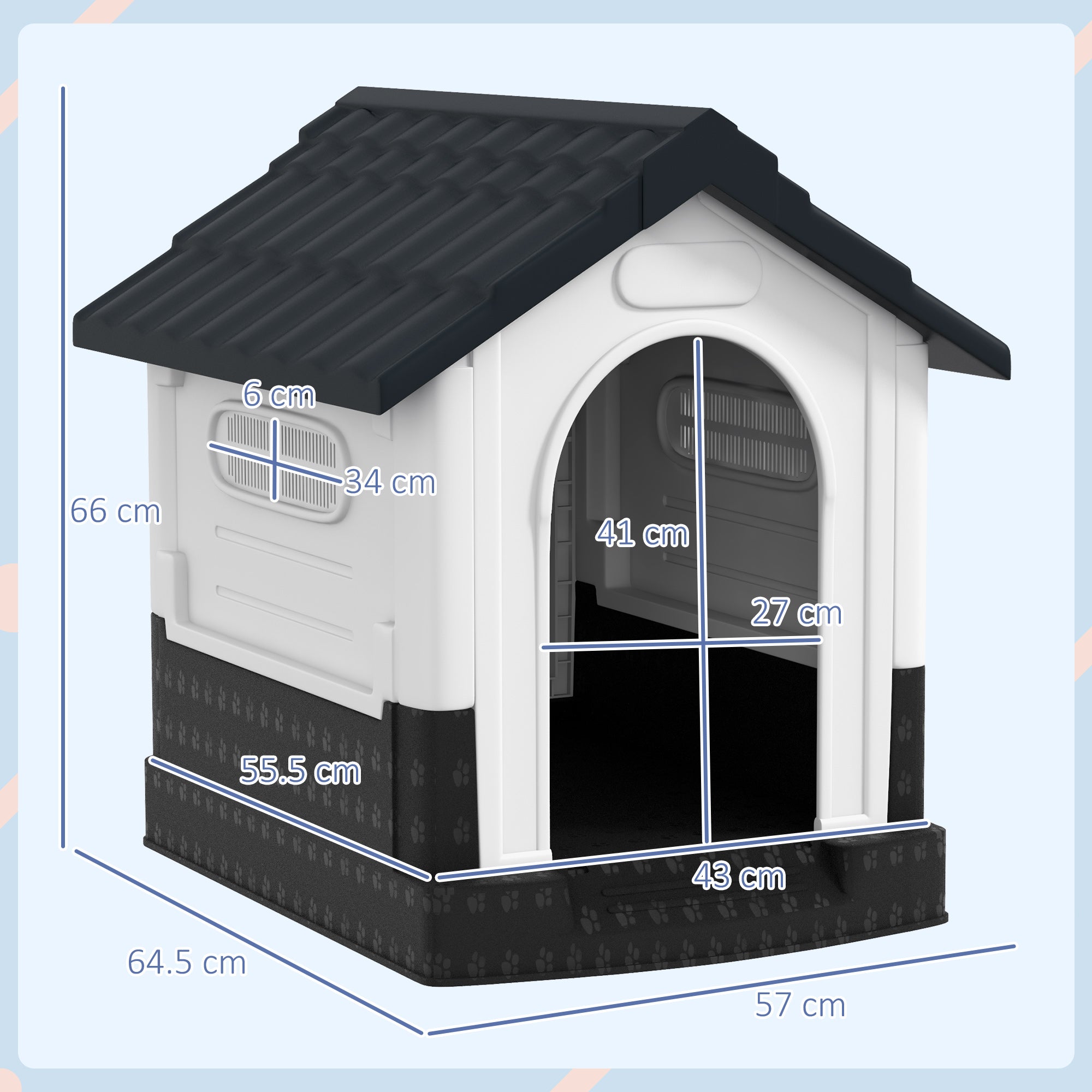 Plastic Dog Kennel with Windows, for Garden Patio, Miniature Dogs, 64.5 x 57 x 66cm - Grey