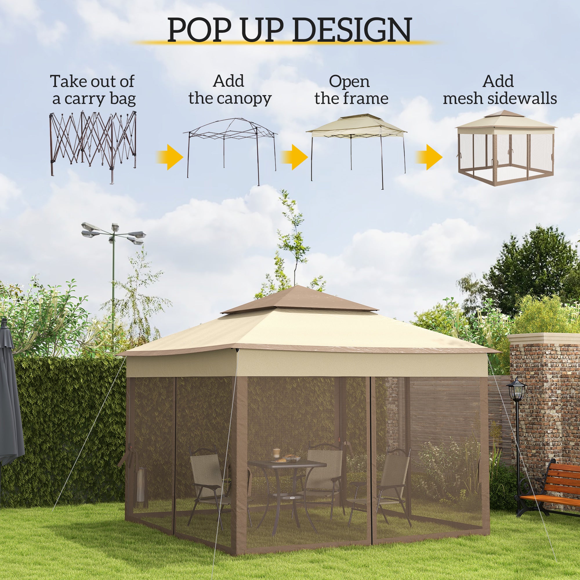 3 x 3(m) Pop Up Gazebo with Netting and Carry Bag, Party Tent Event Shelter for Garden, Patio - Khaki