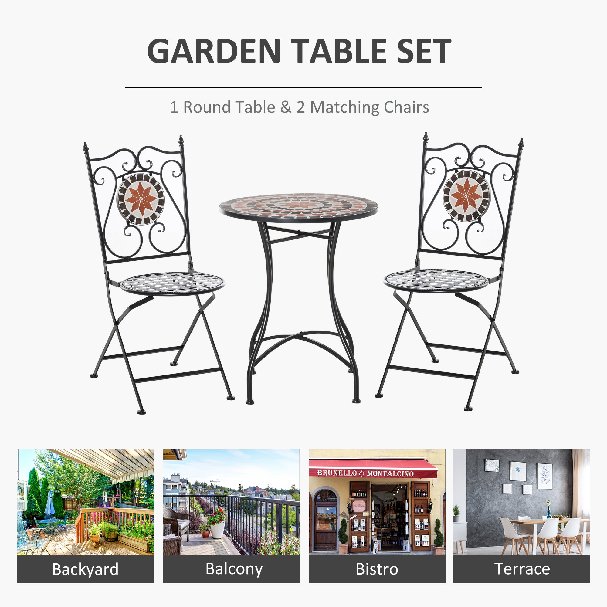 Three-Piece Mosaic Bistro Table Set with Foldable Chairs - Multicoloured