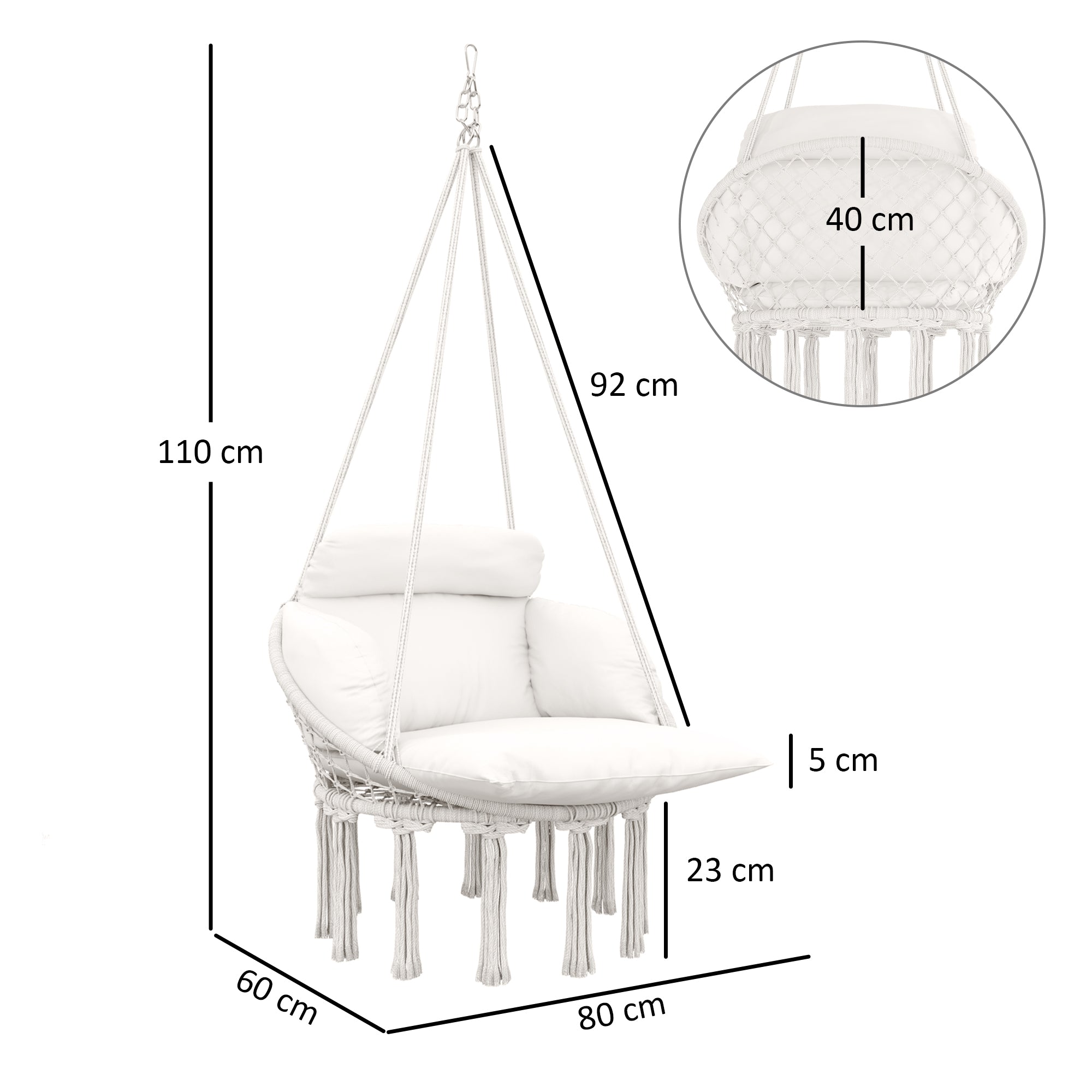 Hanging Hammock Chair with Soft Cushion and Cotton Rope - Cream White