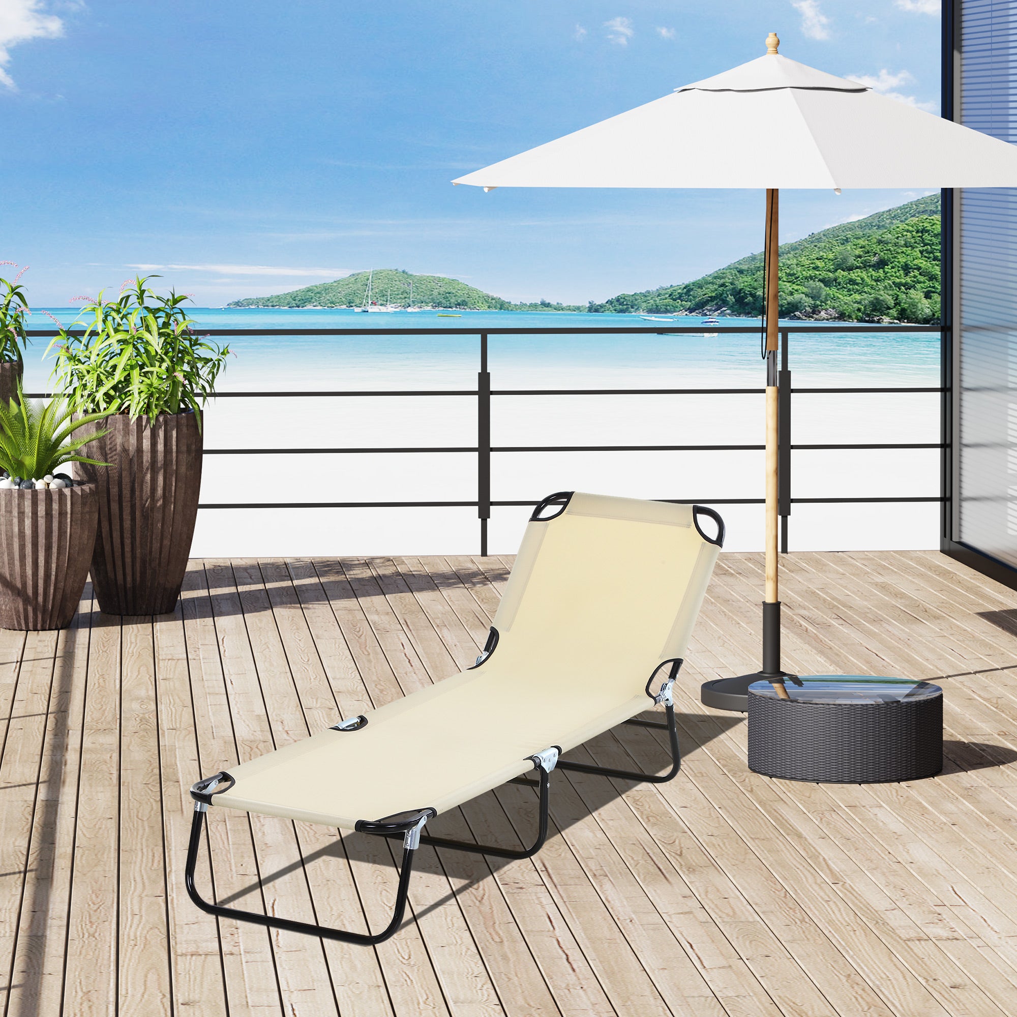 Foldable Sun Lounger with 5-Position Adjustable Backrest, Outdoor Portable Recliner Chaise Lounge Chair with Breathable Mesh Fabric, Beige