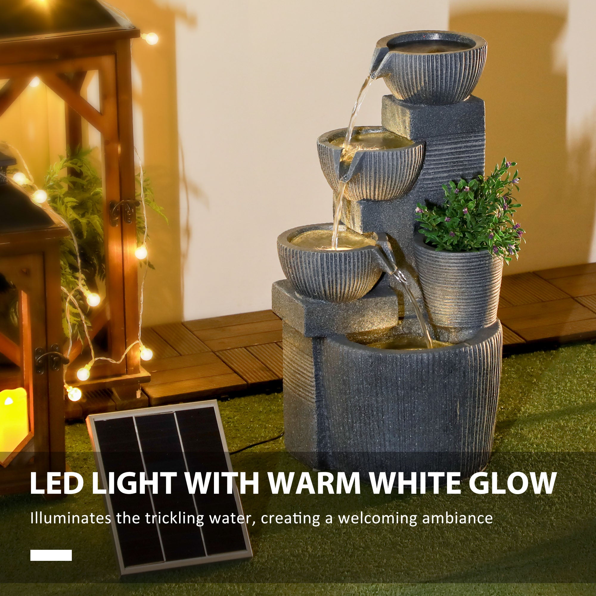 Solar Powered Four-Tier Outdoor Water Fountain with LED Lighting - Dark Grey