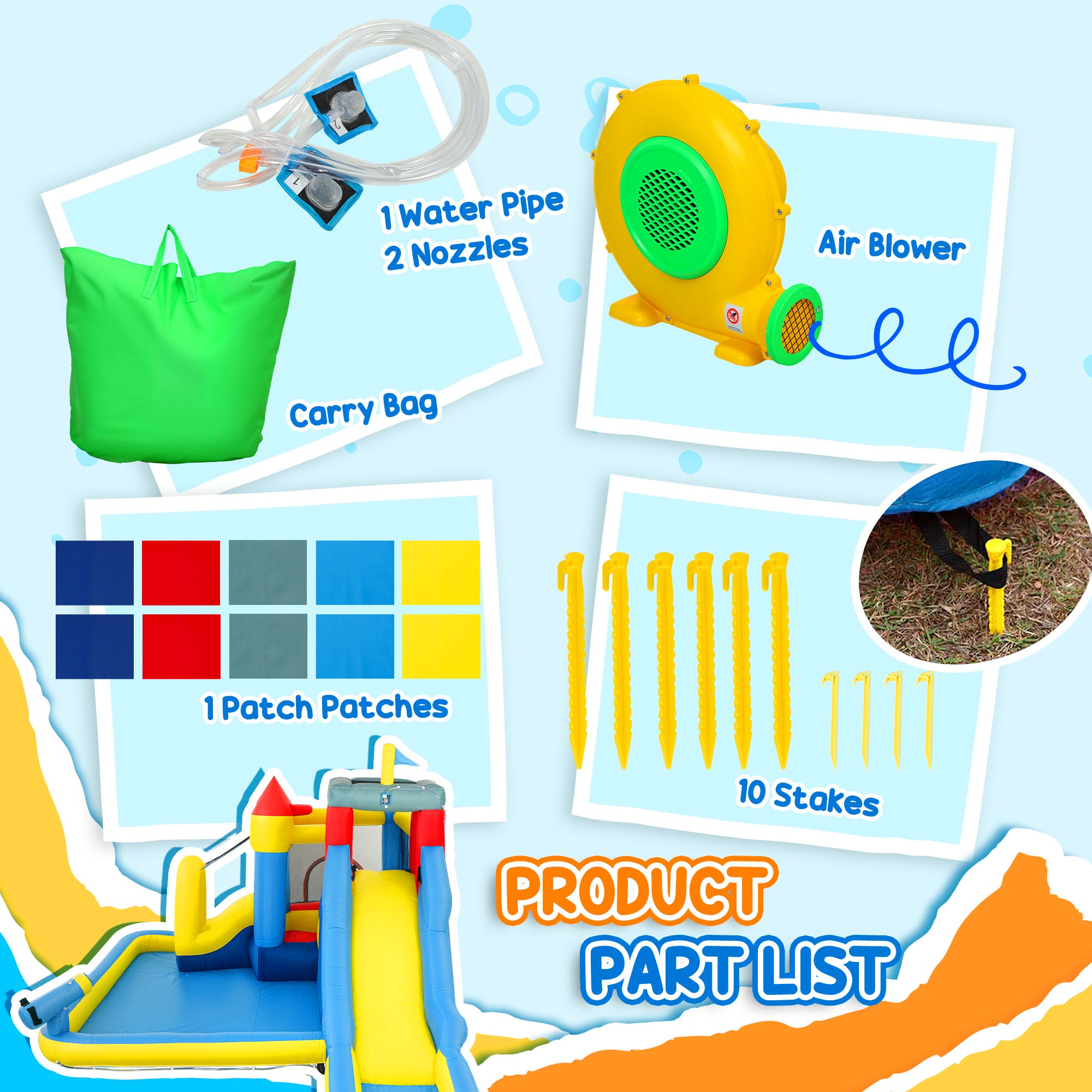 Inflatable Bouncy Castle, Kids Water Bounce House 6 in 1 with 550W Blower, 2 Slides for Garden, Party, Outdoor Indoor