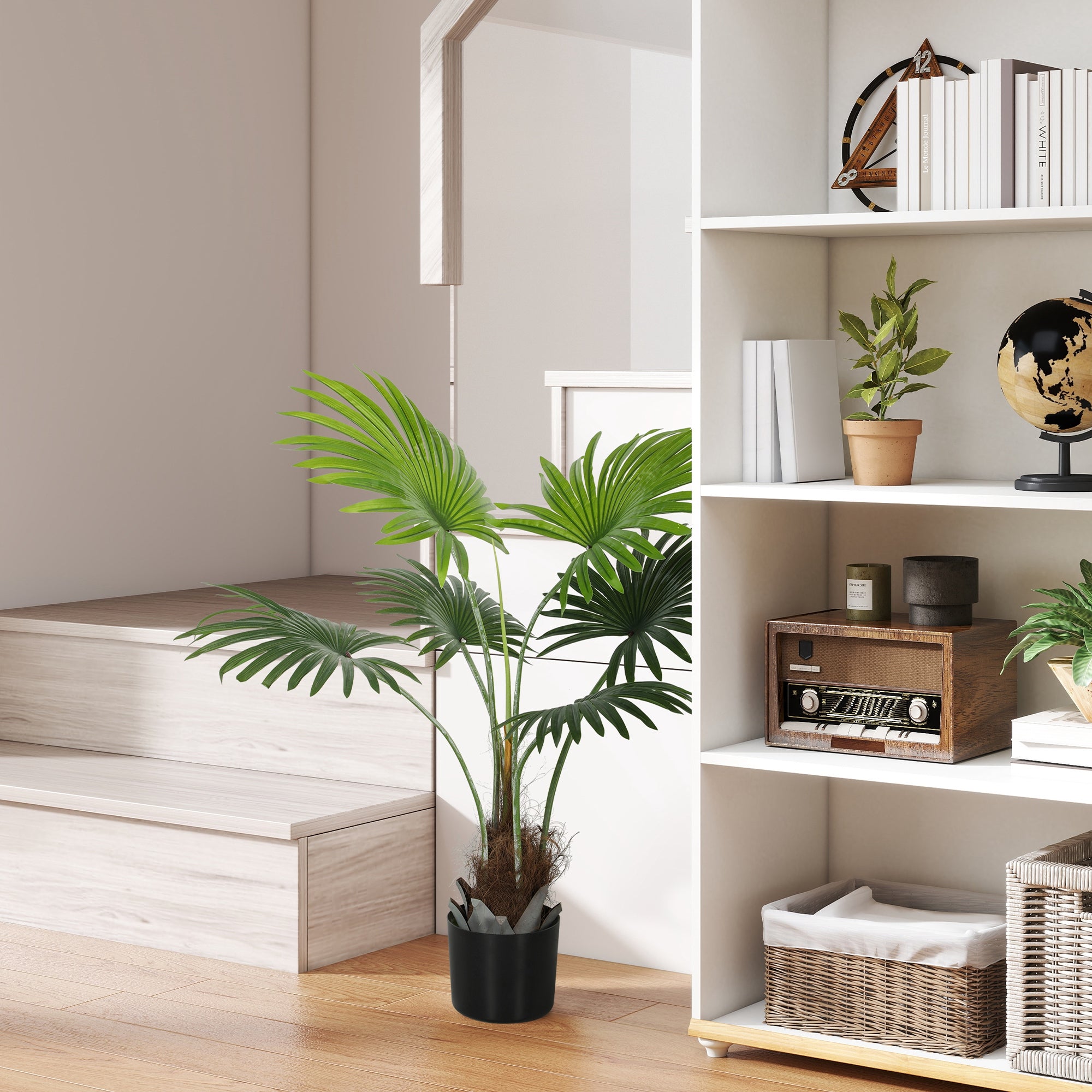 94cm Artificial Palm Tree, Decorative Artificial Plant with Lifelike PEVA Leaves and Coconut Coir, Fake Tree with Plastic Pot and Flocking for Home Office Decor, Green
