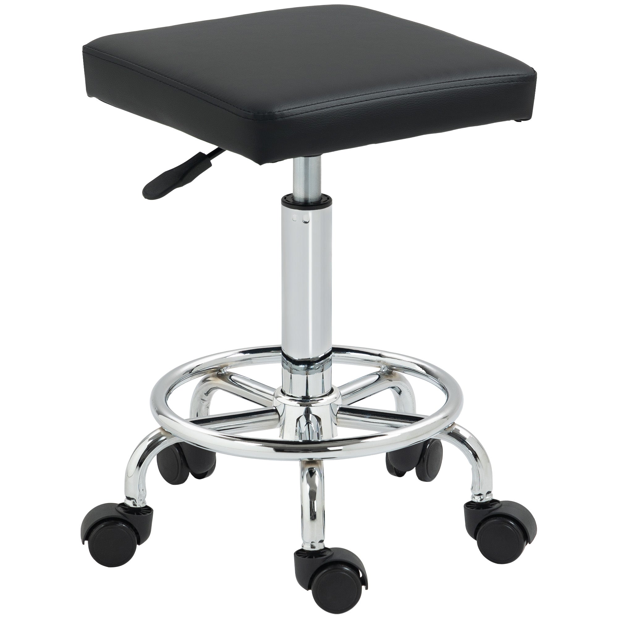Adjustable PU Leather Rolling Stool - Black