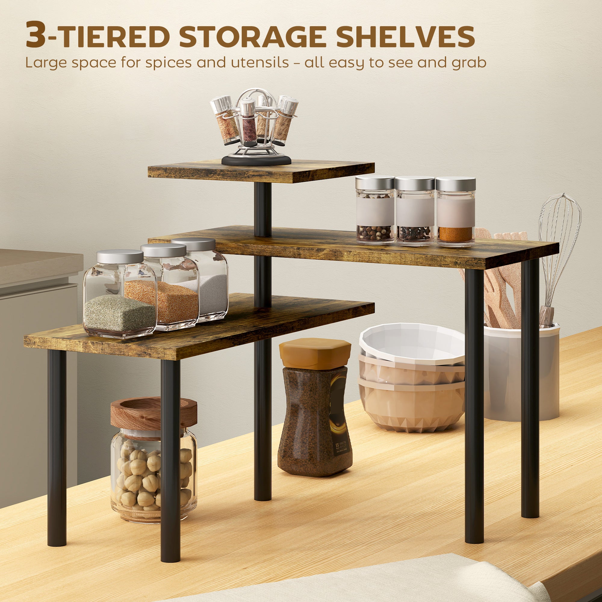 3-Tier Kitchen Countertop Organiser, Adjustable Spice Rack, Corner Shelf for Kitchen, Coffee Bar, Bathroom, Rustic Brown