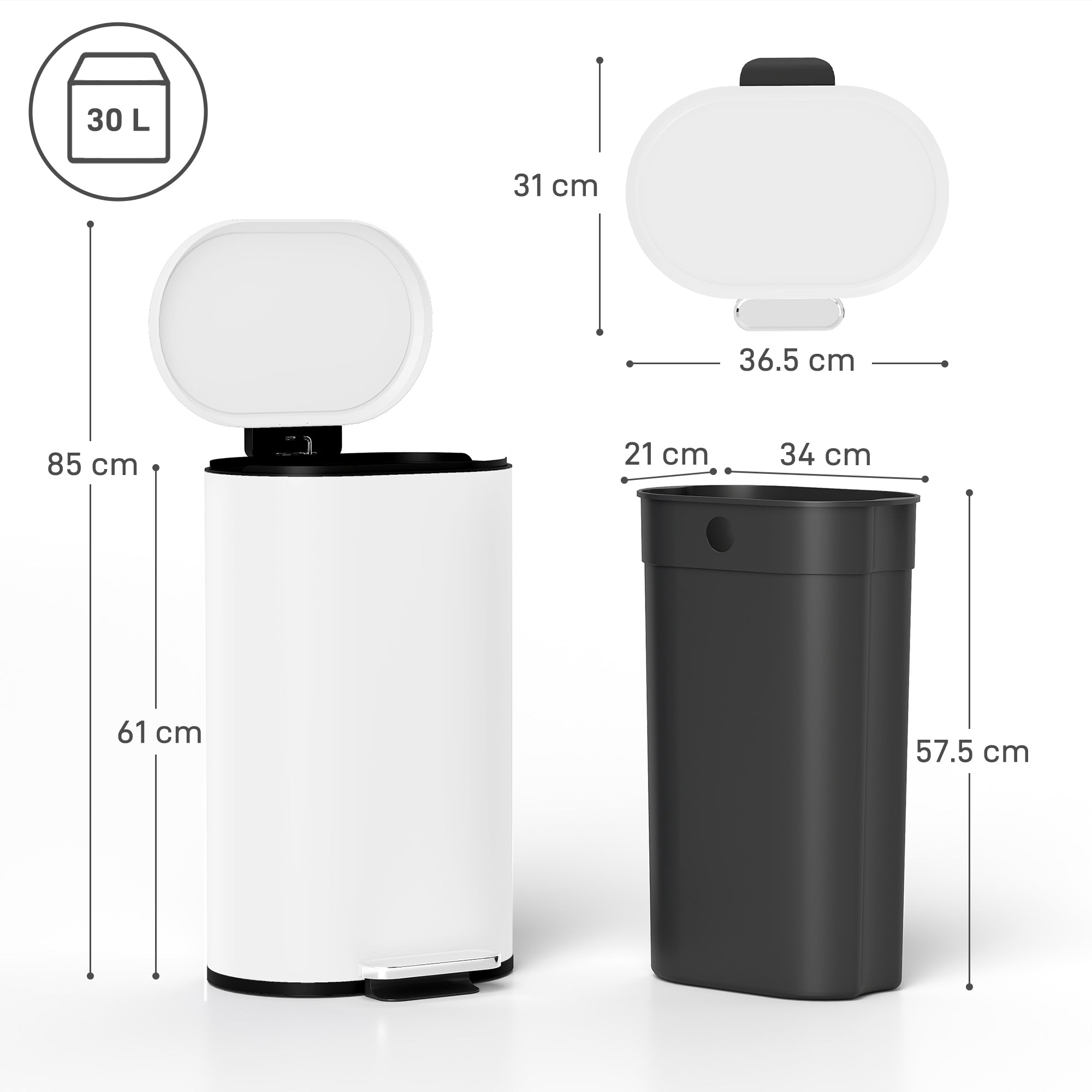 30 L Modern Curved Kitchen Bin - White