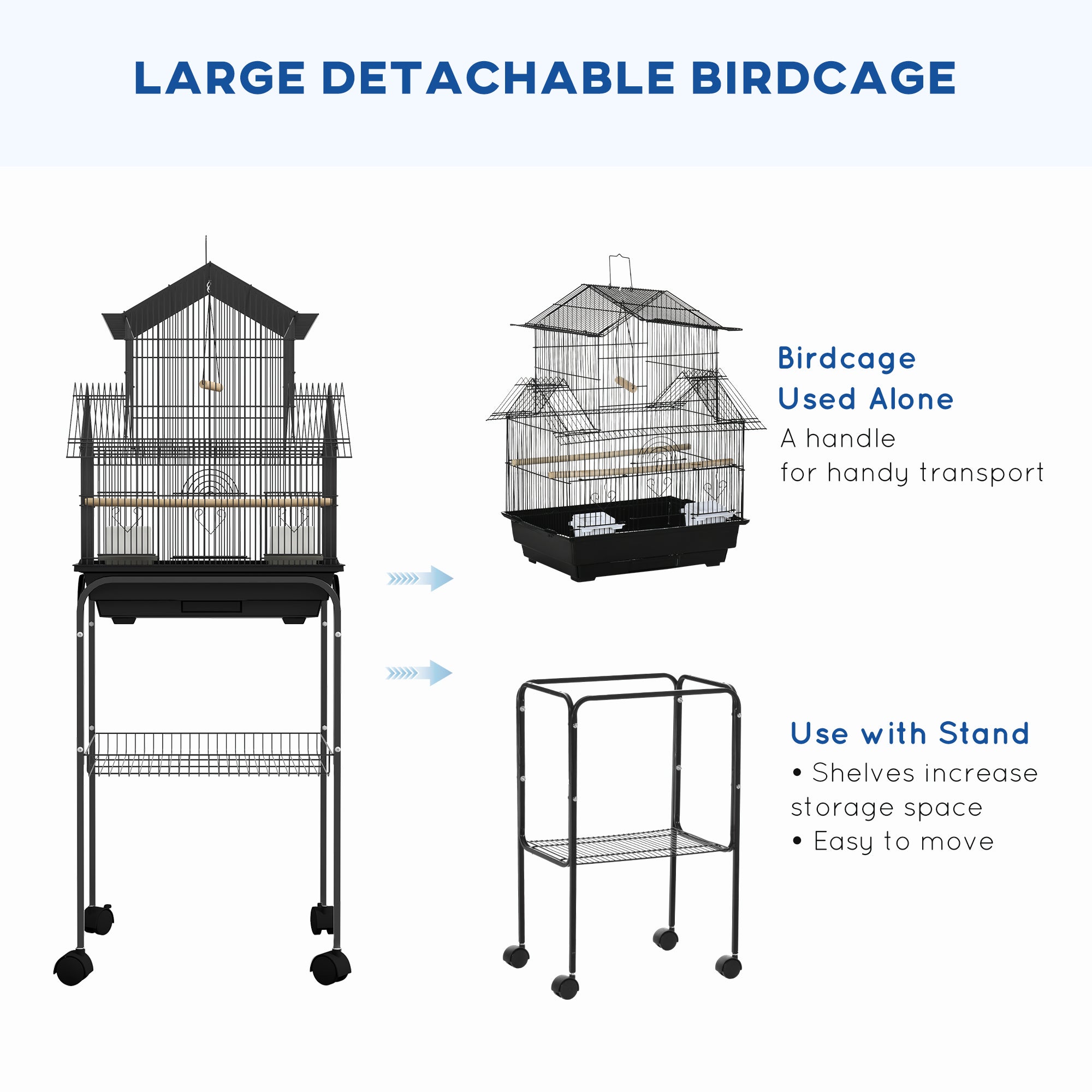 Metal Bird Cage with Plastic Swing, Perch, Food Container, Tray, Handle, for Finches, Canaries, Budgies, 50.5 x 40 x 63cm