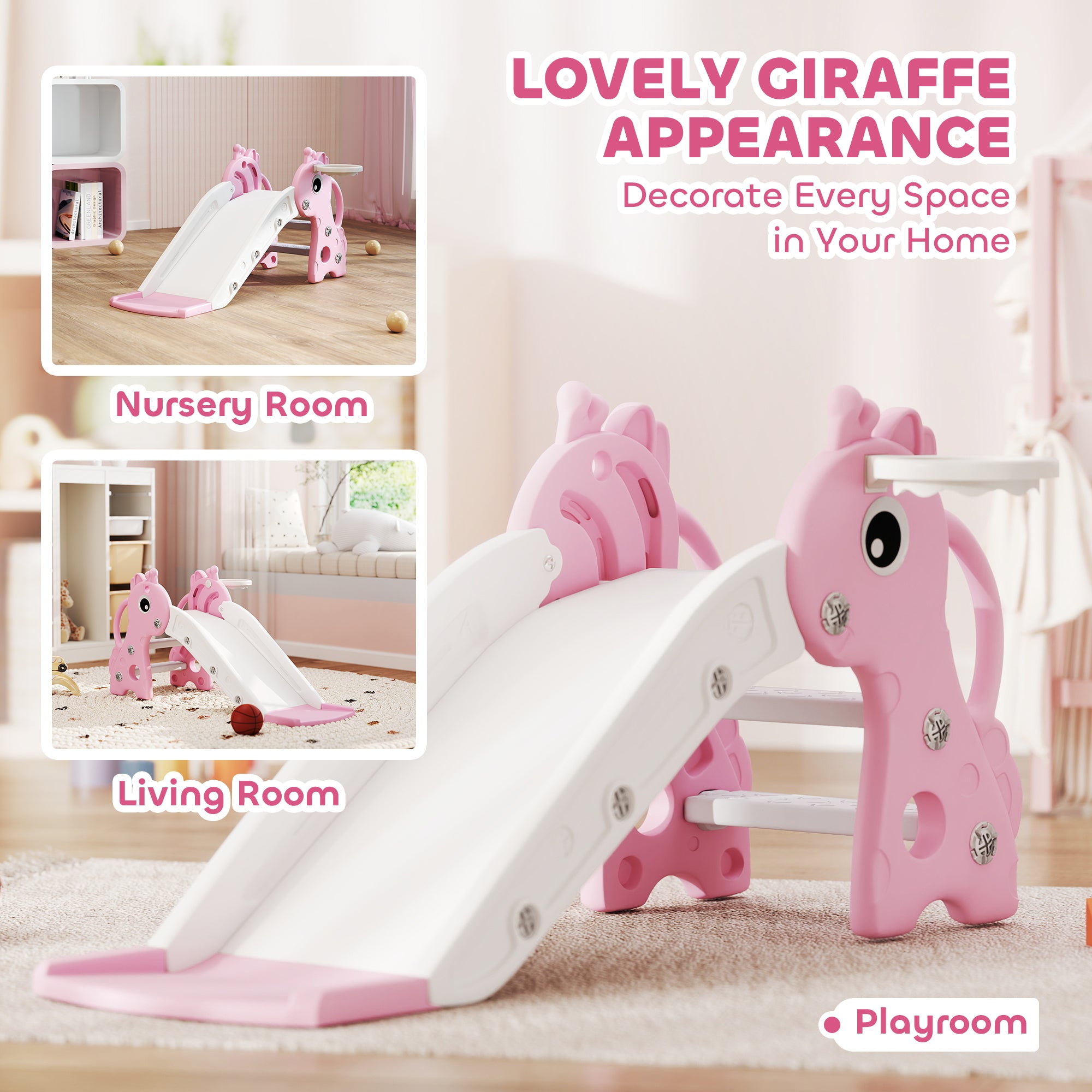 3 in 1 Kids Slide with Climber, Basketball Hoop and Ball, Giraffe Shape Climber Slide for Indoor Kids Age 1-3, Pink