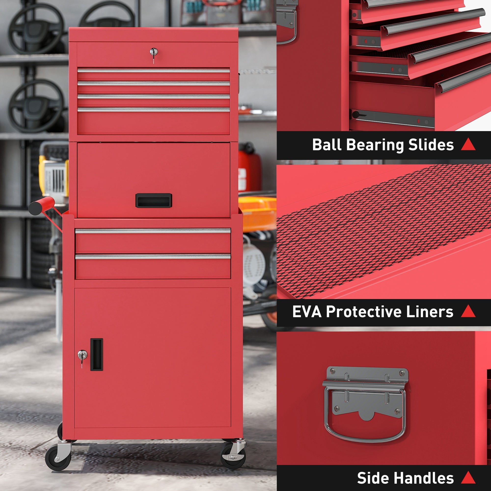 Three-Part Steel Locking Tool Chest - Red