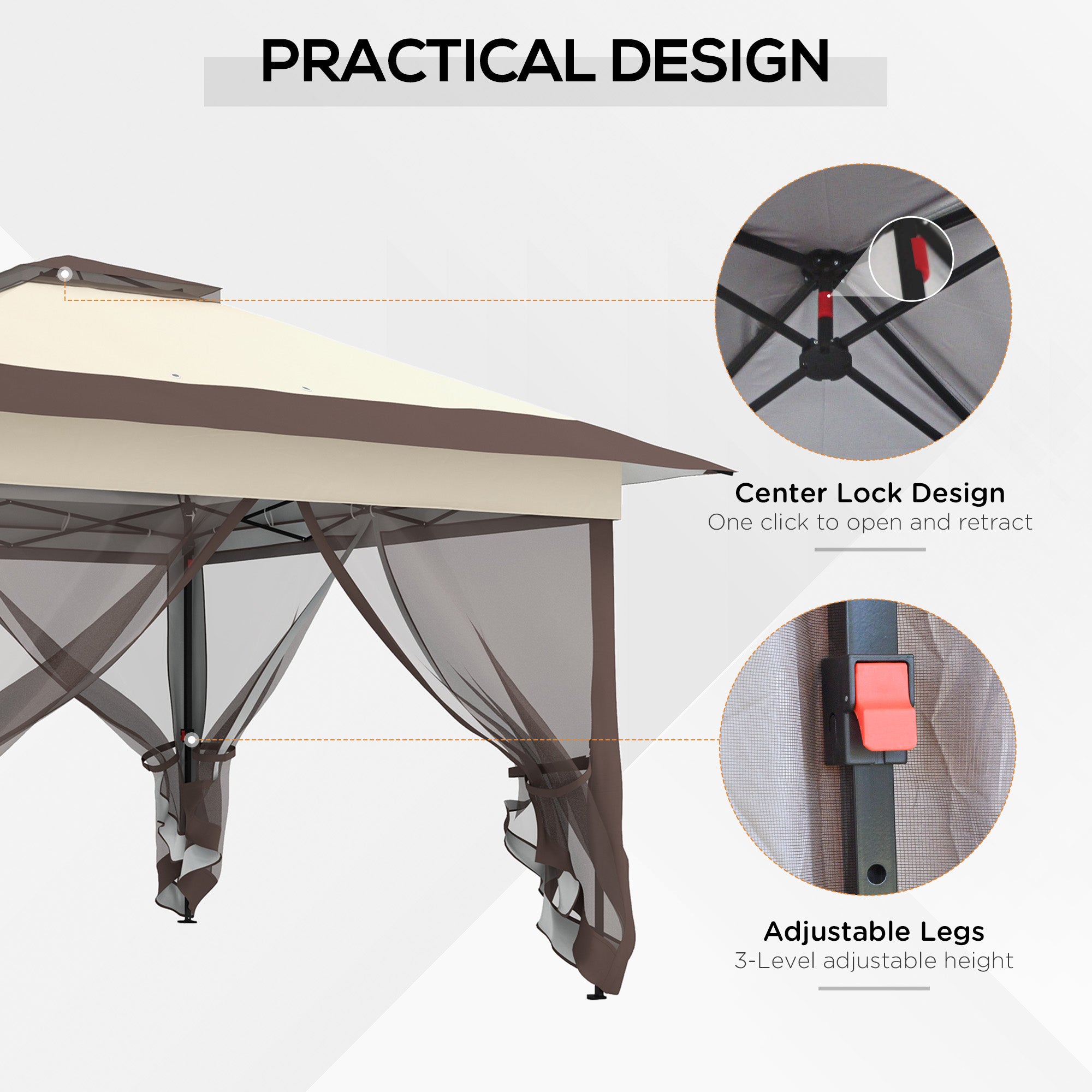 3.6 x 3.6 Metre Pop Up Gazebo with Netting - Adjustable Khaki Sun Shade Shelter