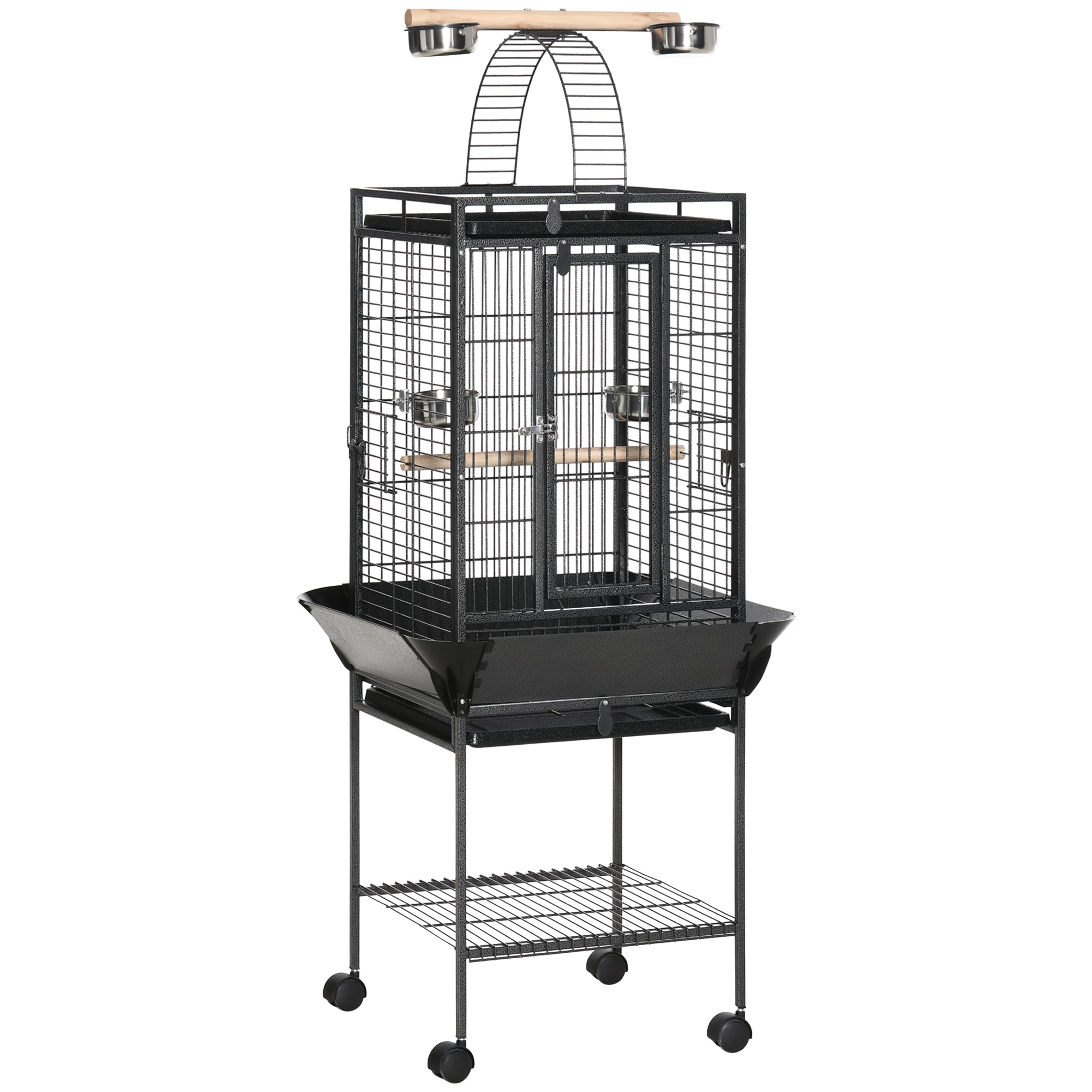 156cm Bird Cage,Large Parrot Cage with Open Play Top, Perch, Seed Guard, Wheels, Storage Shelf, Dark Grey