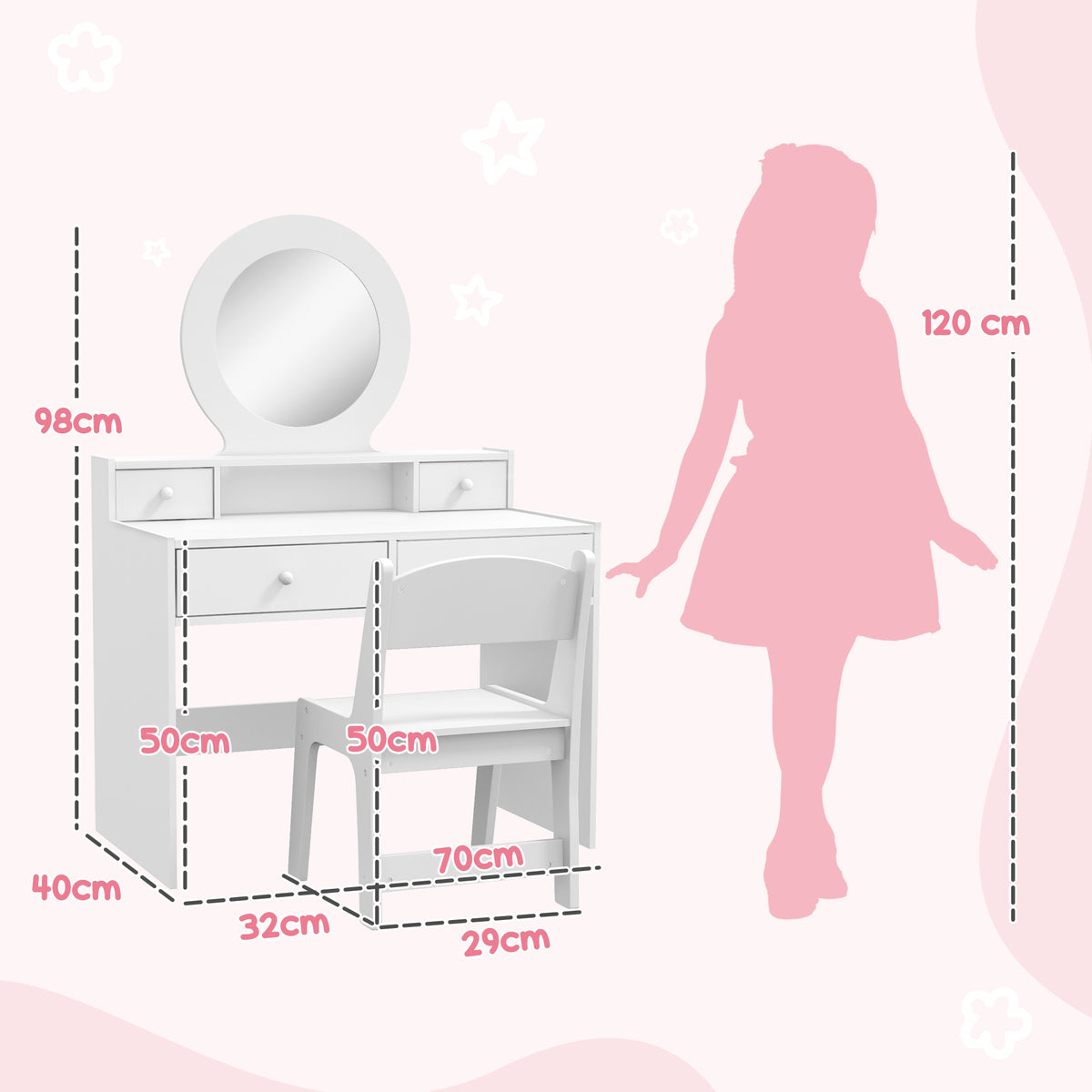 Kids Dressing Table Set Kids Make up Table with Stool and Mirror, Storage Drawers, Gift for Aged 3-8