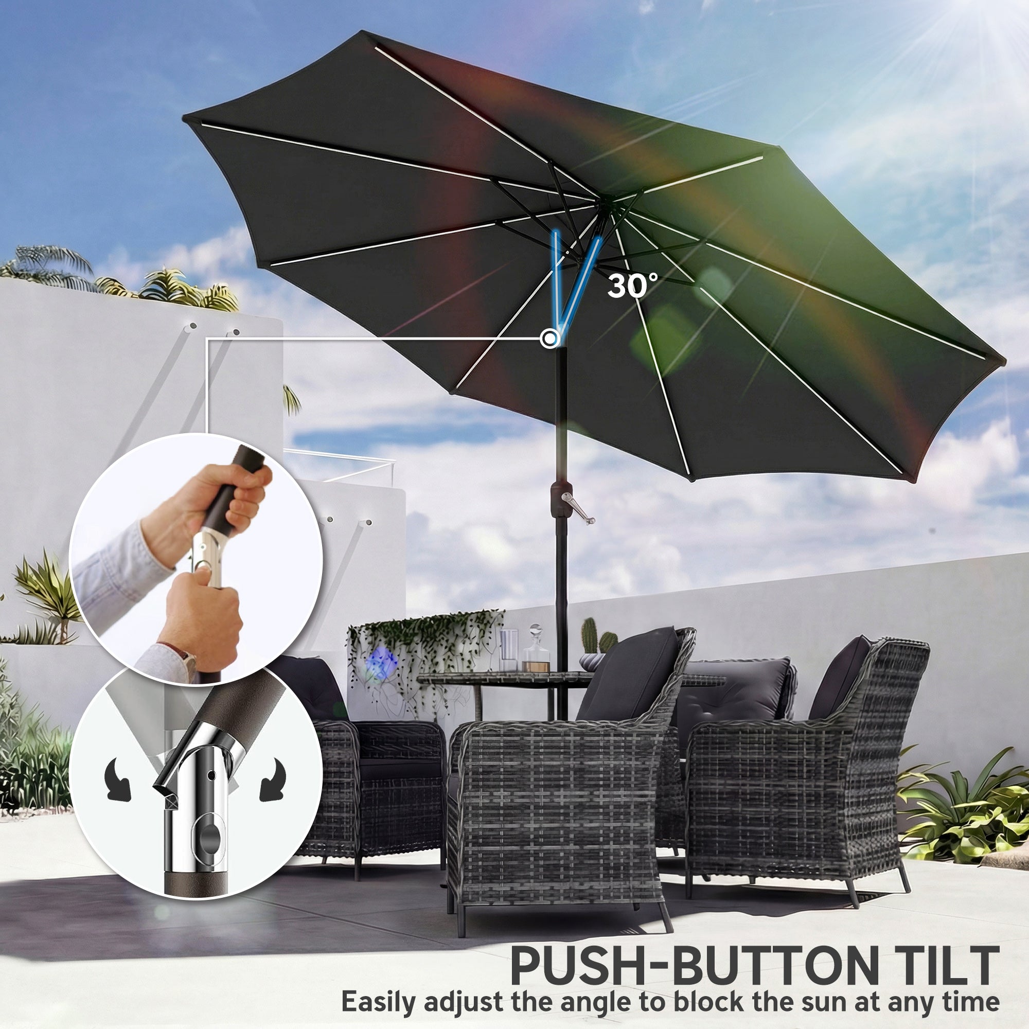 3 m Garden Parasol Umbrella with 112 Solar Powered LED Lights, Patio Umbrella with Crank Handle, Black