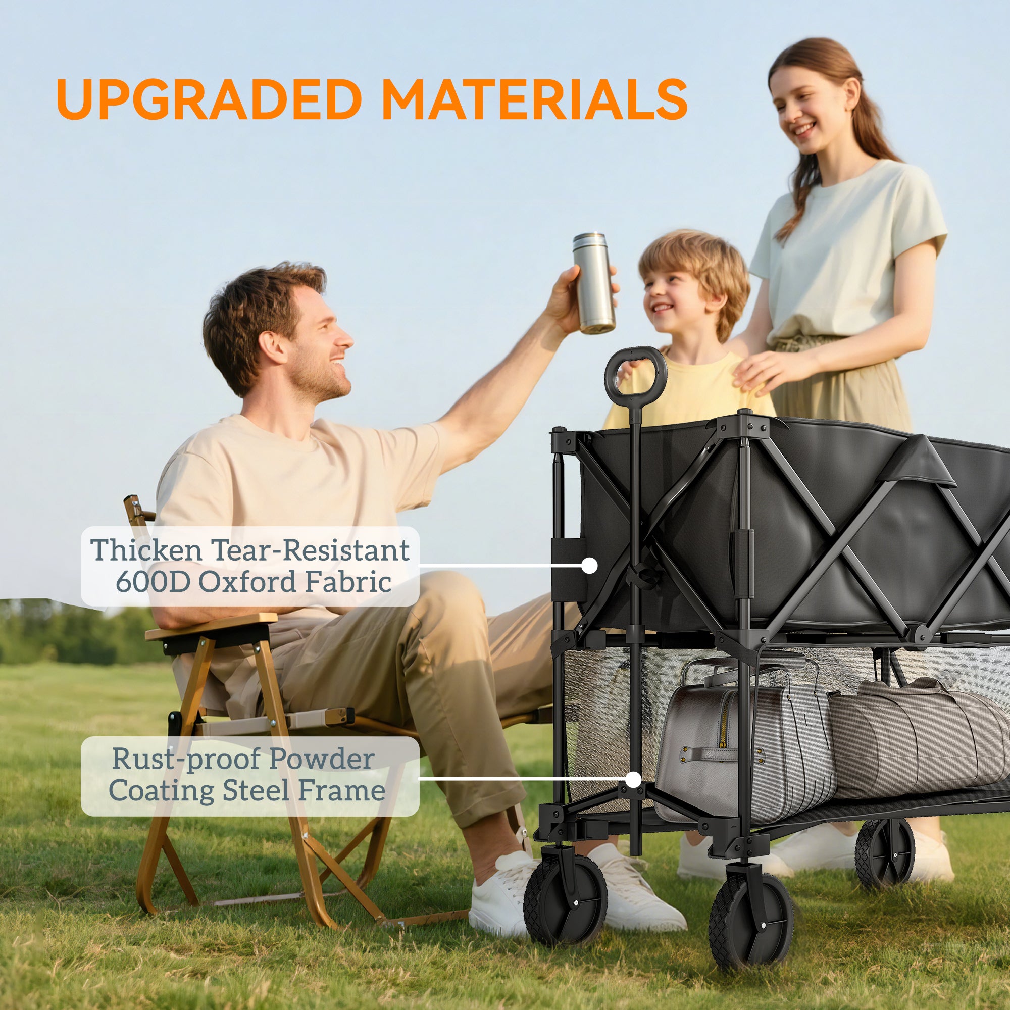 Double Decker Folding Festival Trolley on Wheels, 200KG & 350L Capacity Collapsible Wagon Festival Trolley Cart with 134cm Extended for Camping Sports Shopping Garden and Beach, Black