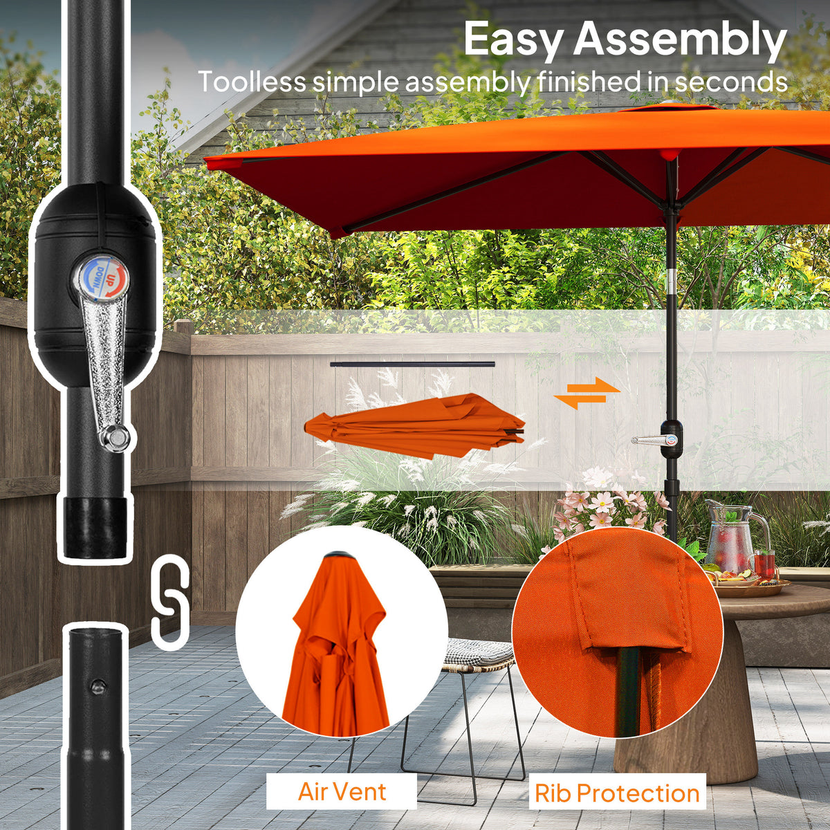3x2m Rectangular Patio Parasol with Aluminium Tilt Crank - Orange