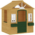 Outdoor Kids Playhouse, Wooden Wendy House with Door, 3 Windows, 2 Flower Boxes for Garden, Indoor Playroom