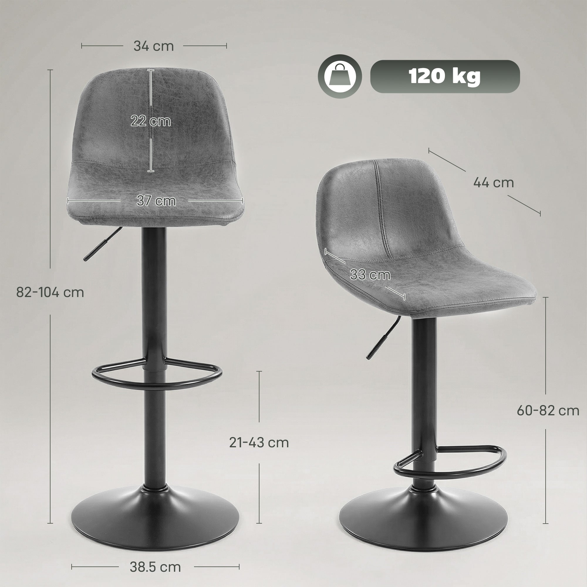 Bar Stools Set of 2, Modern Swivel Barstools with Footrest for Kitchen Island and Dining Room, Grey