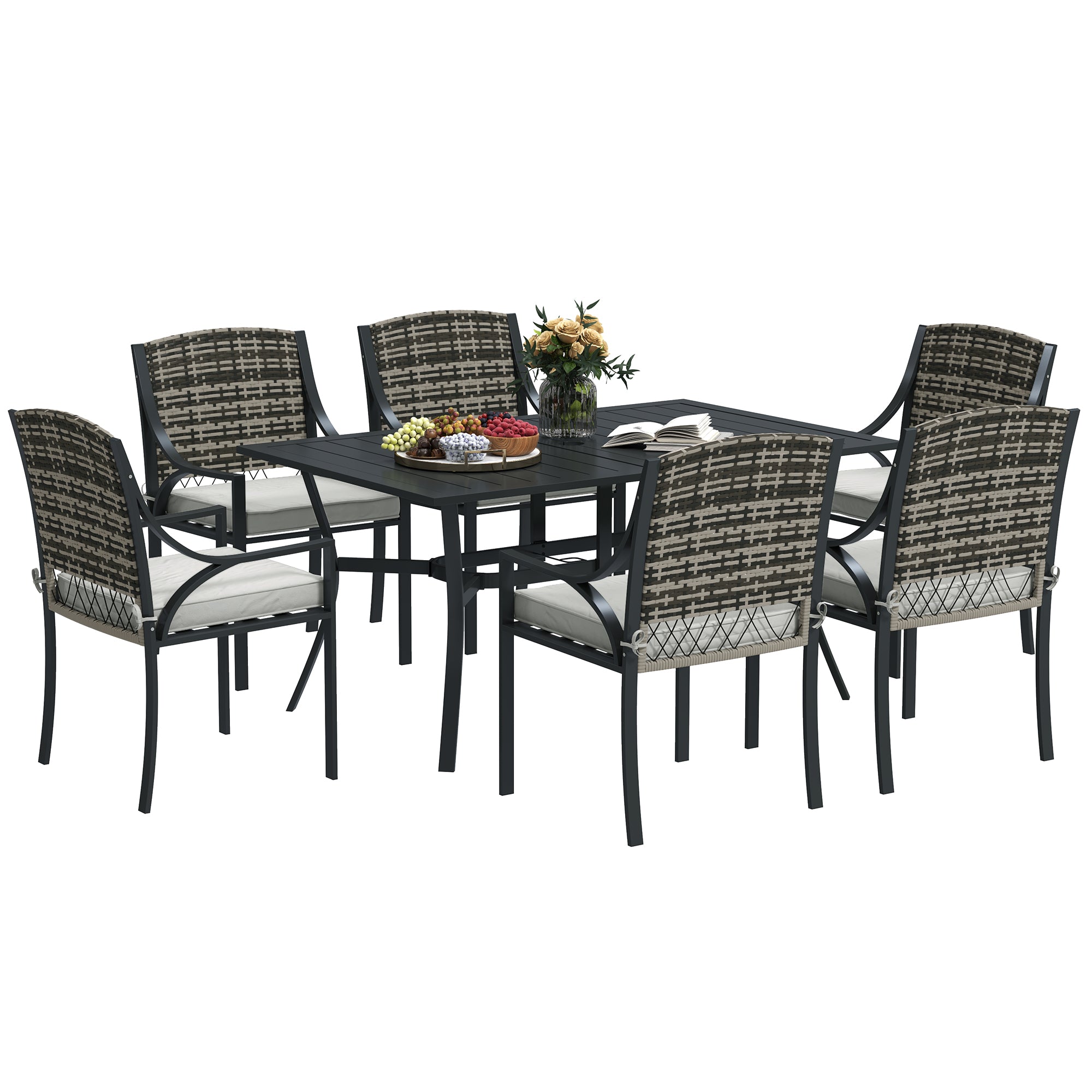 Rattan Garden Furniture Set with Cushions, 6 Seater Rattan Dining Set with 6 Armchairs, 150 x 96cm Rectangular Table, Umbrella Hole, for Outdoor, Patio, Balcony, Terrace, Conservatory