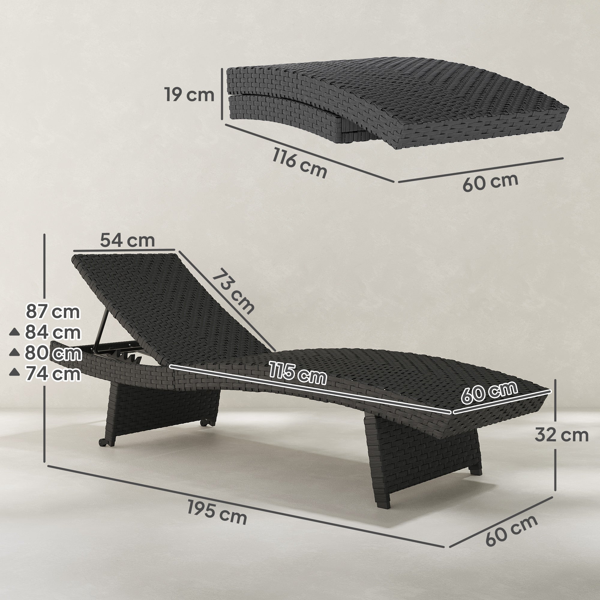 1 Piece Outdoor PE Rattan Sun Lounger with Wheels - Black