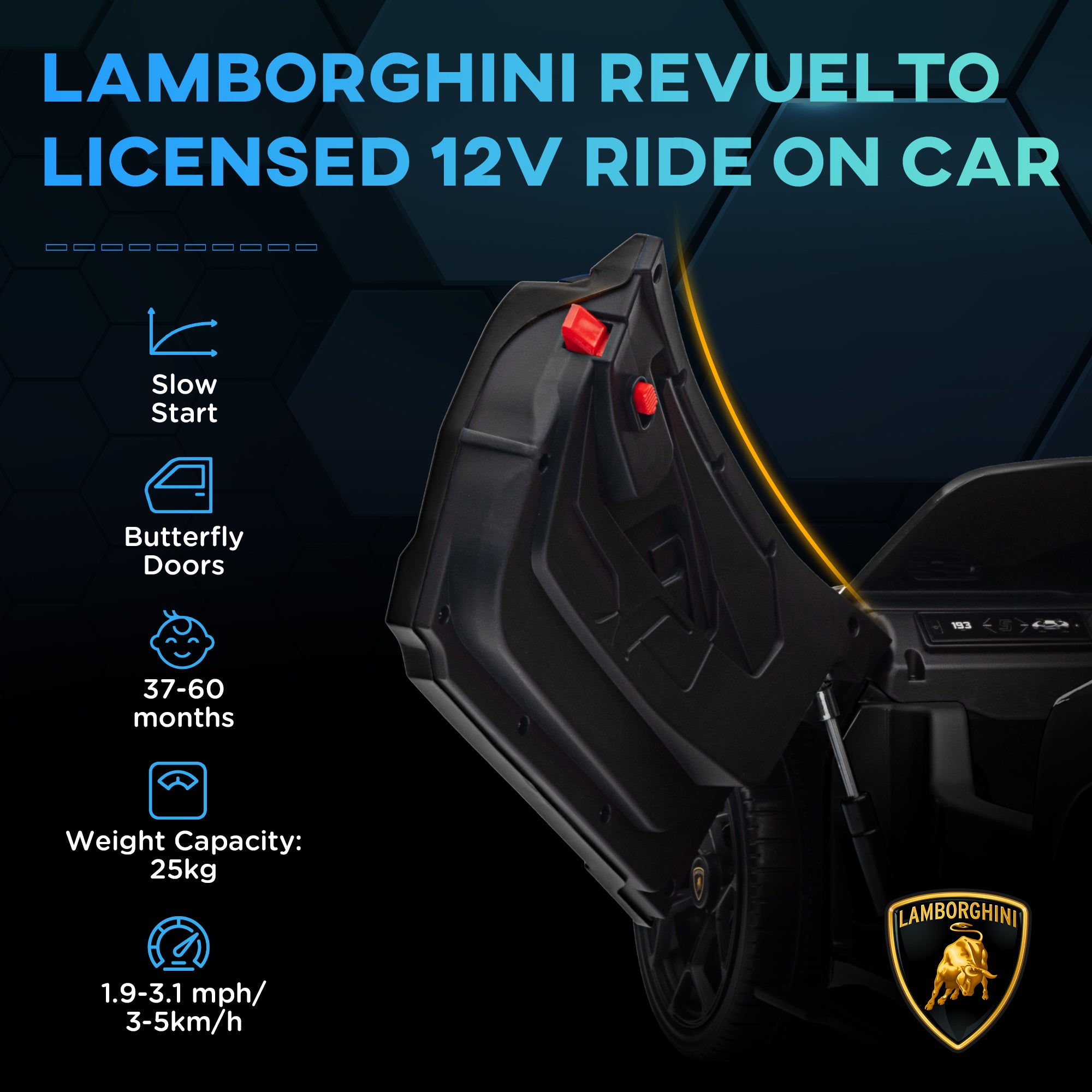 Lamborghini Revuelto Licensed 12V Ride on Car w/ Butterfly Doors, Transport Wheels, Suspension, Remote Control, Black