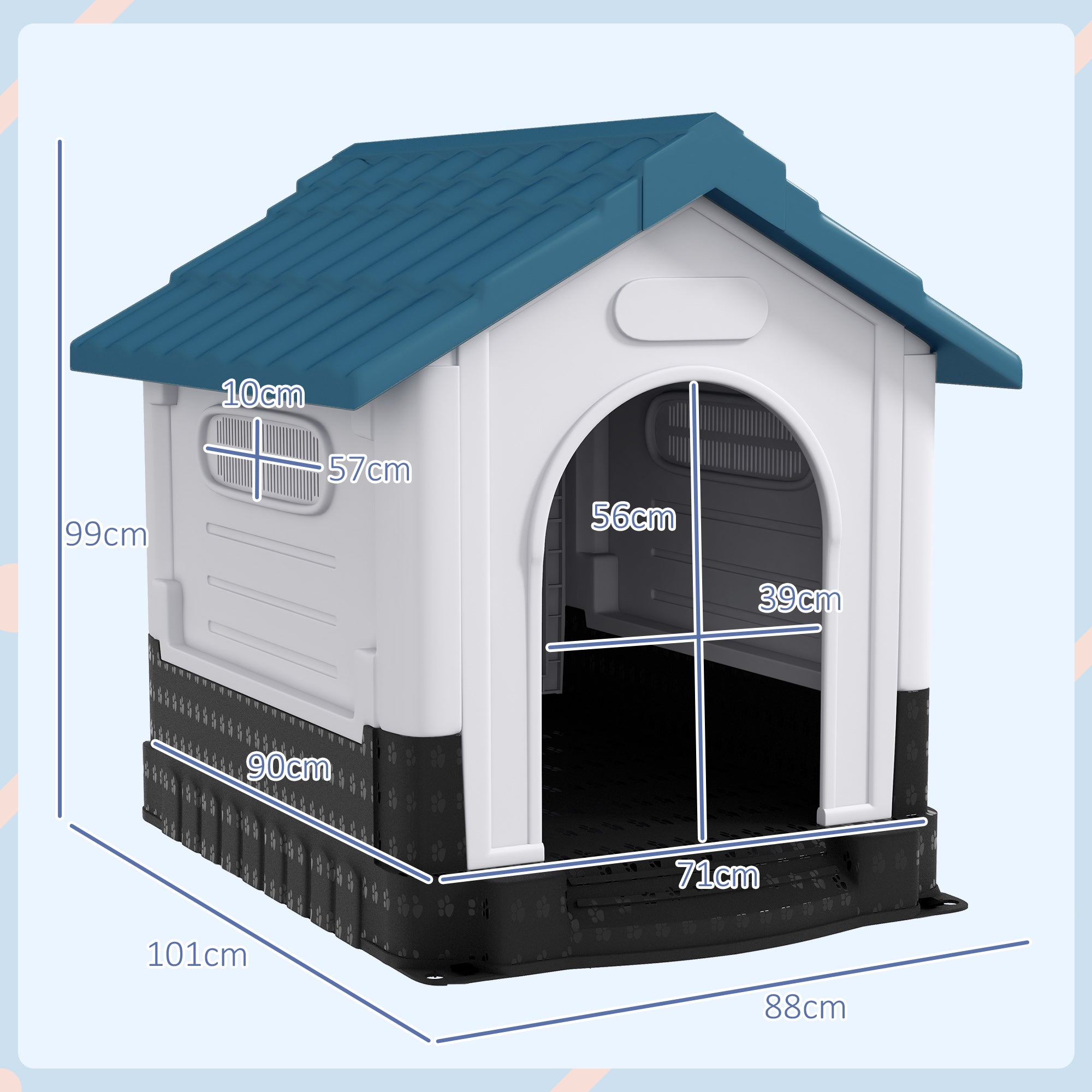 Plastic Dog Kennel with Windows, for Garden Patio, Medium and Large Dogs, 101 x 88 x 99cm - Blue