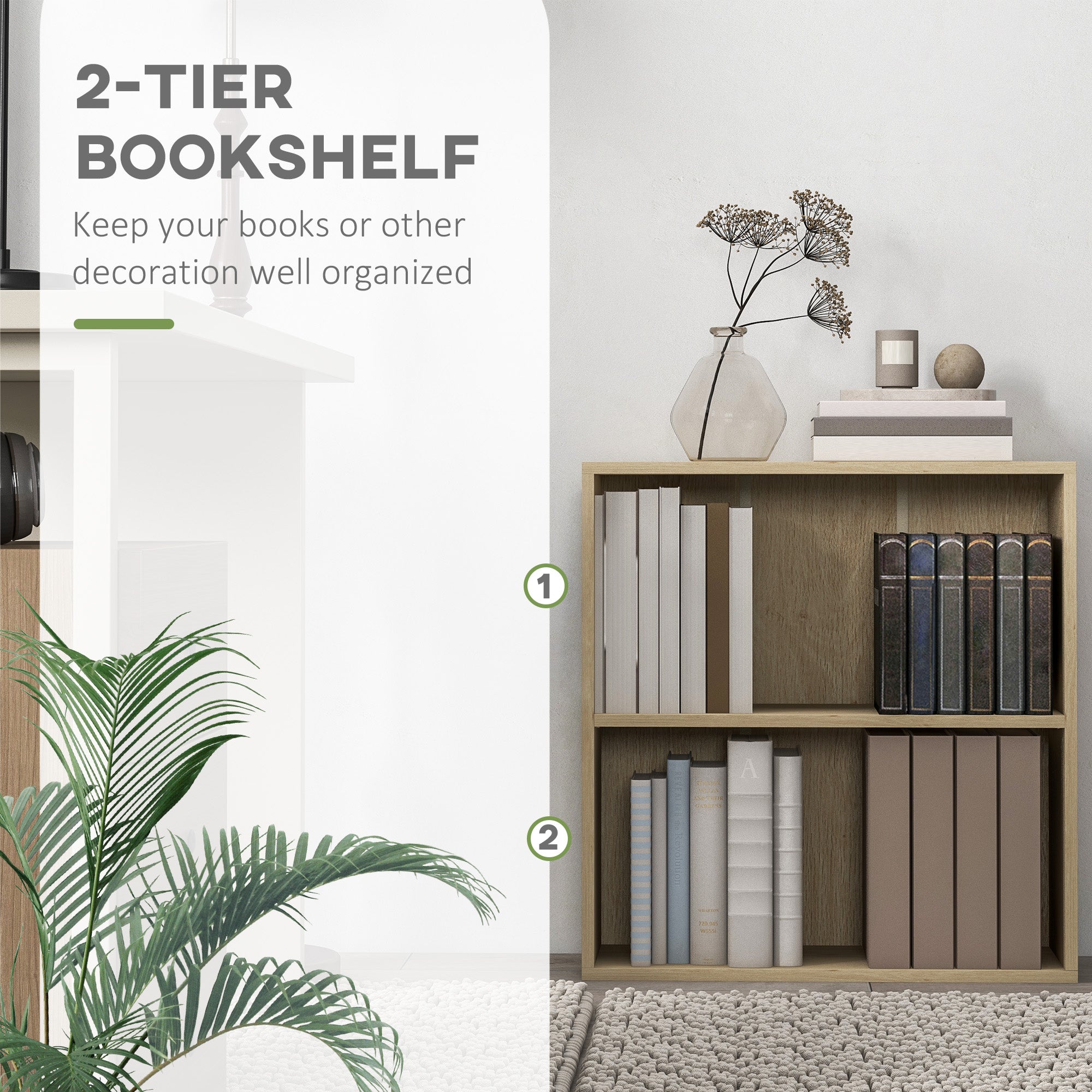 2 Tier Adjustable Bookshelf with 2 Compartments for Home Office, Living Room - Natural