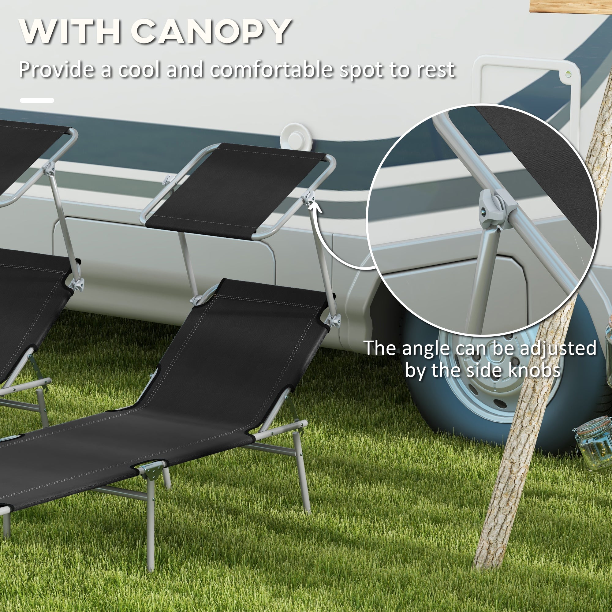Foldable Sun Lounger Set of 2 with Sun Shade & Adjustable Backrest - Black