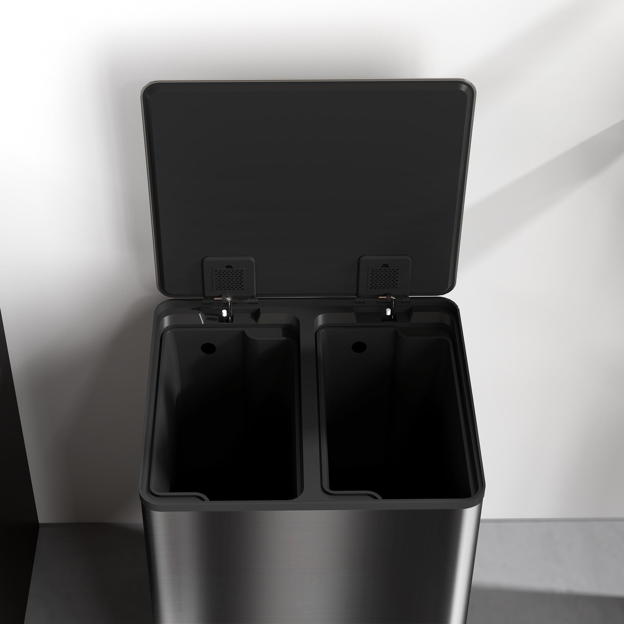 60L Dual Compartment Stainless Steel Bin, with Deodoriser Holders - Black