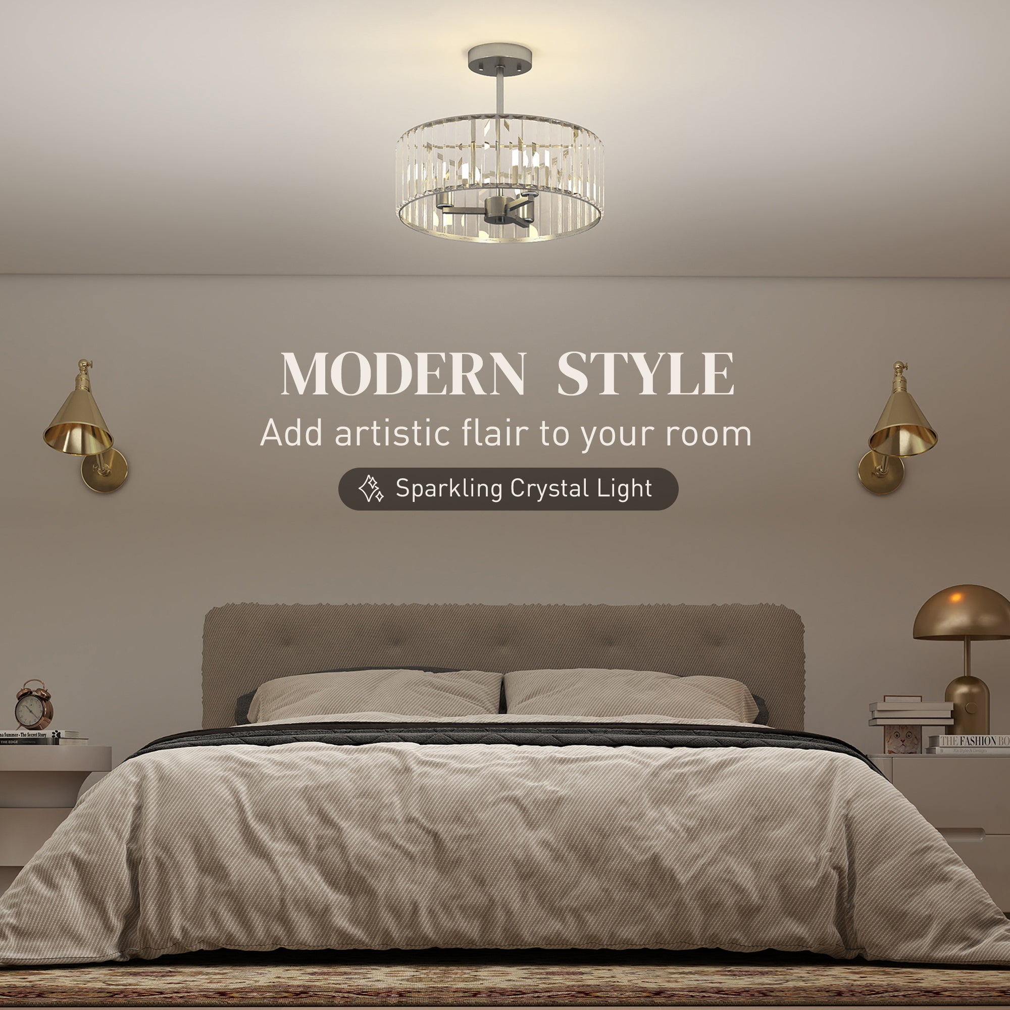 Crystal Ceiling Light Fixture Set of 2, Semi Flush Mount Modern Chandelier for Living Room, Bedroom and Hallway, 3-Lights with E14 Base, Silver Tone