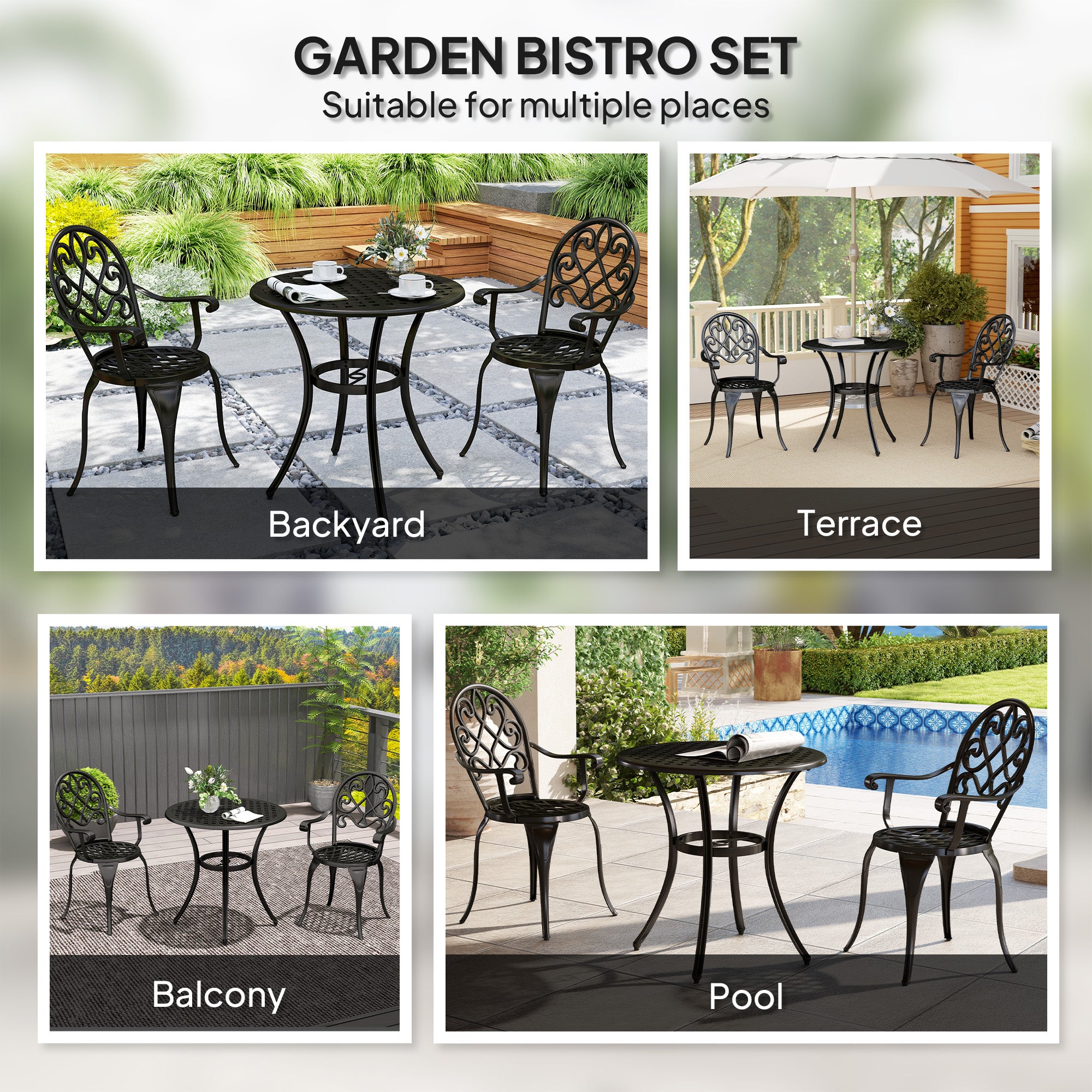 Three-Piece Aluminium Garden Set with Table and Chairs - Black