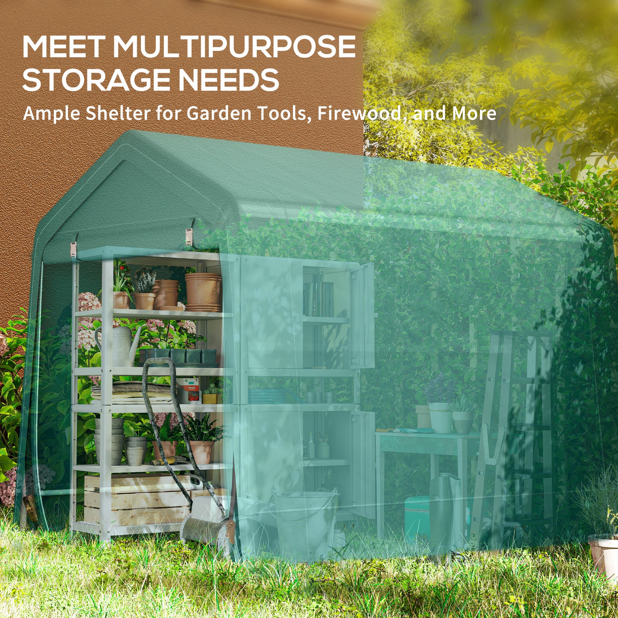 8 x 6.5 ft Outdoor Garden Storage Shed, Waterproof Bike Tent with Double Roll-up Zipper Door for Garden Tools, Green