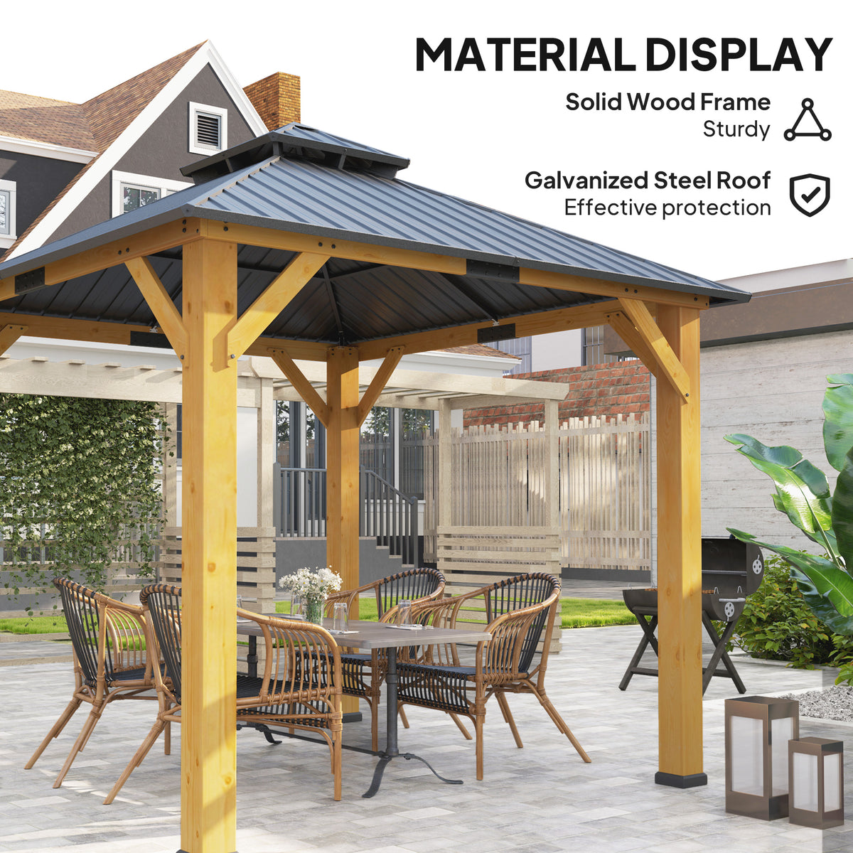 3x3M Outdoor Hardtop Gazebo Canopy with 2-Tier Roof and Solid Wood Frame - Grey