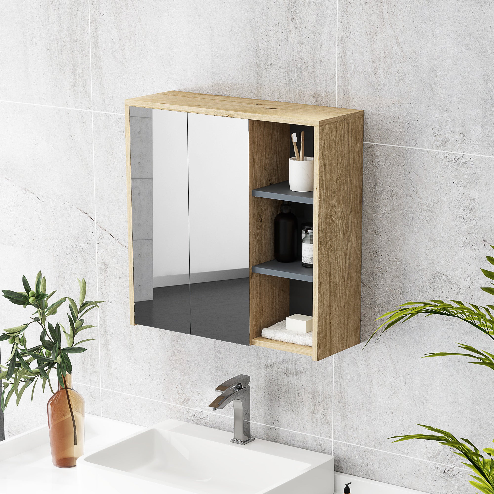 Five-Shelf Mirrored Bathroom Cabinet Wall-Mounted with Wood-Effect Finish