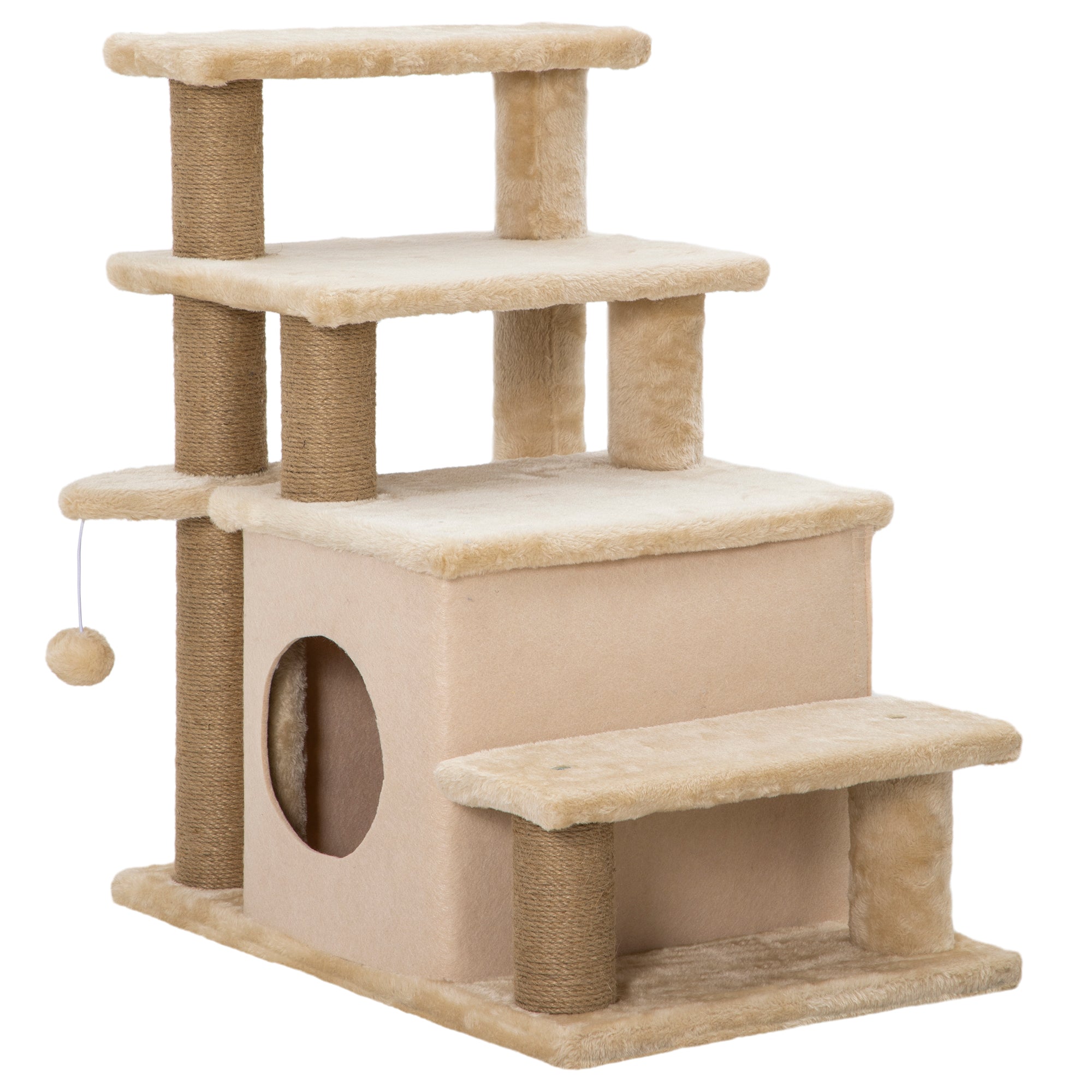 Adjustable Cat Steps, with House & Hanging Toy Ball - Beige