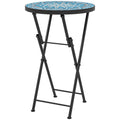 Mosaic Outdoor Garden Table, 35.5cm Round Folding Coffee Table with Metal Frame for Balcony Terrace, Blue
