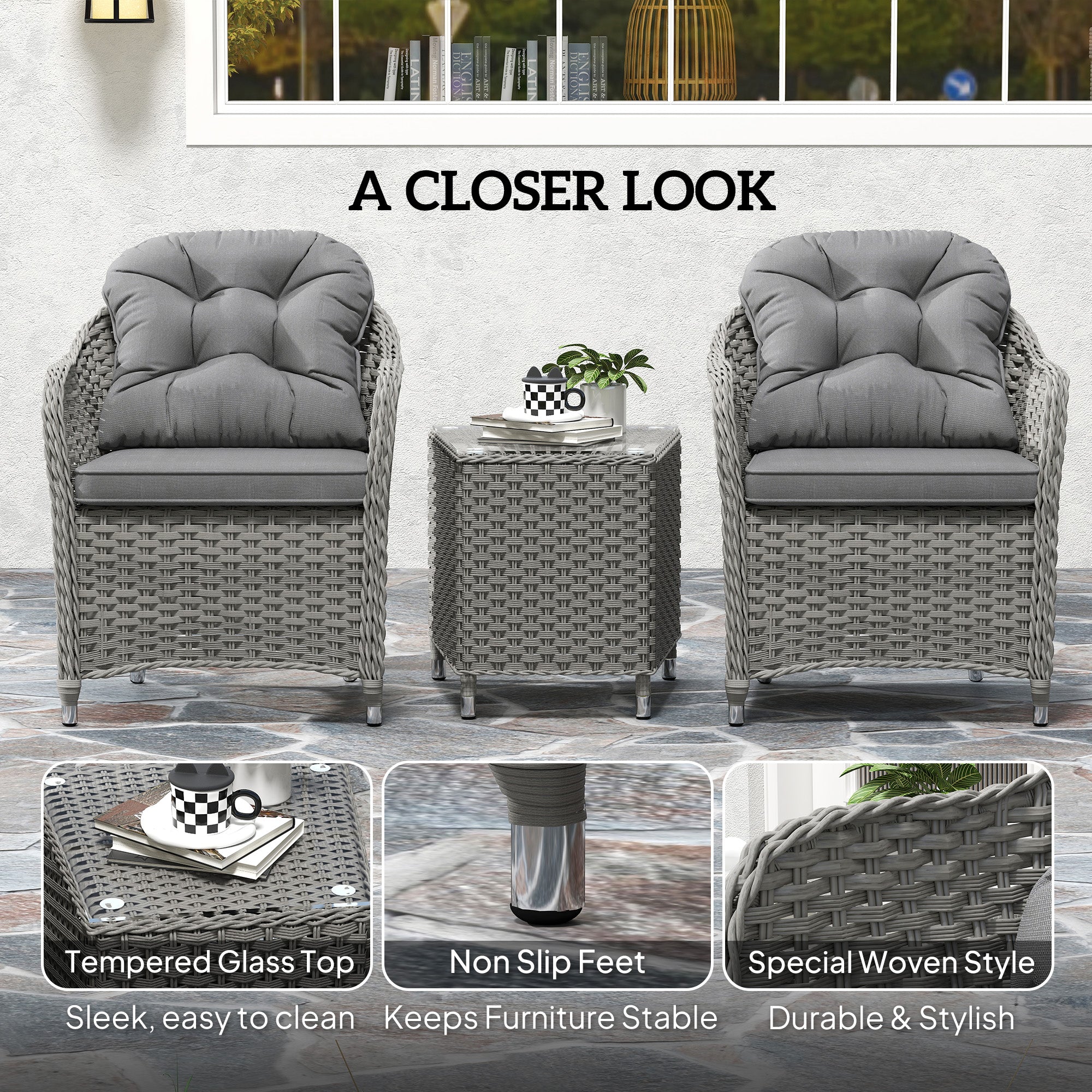 3 Piece Super Padded Rattan Patio Set with Armchairs & Coffee Table - Light Grey