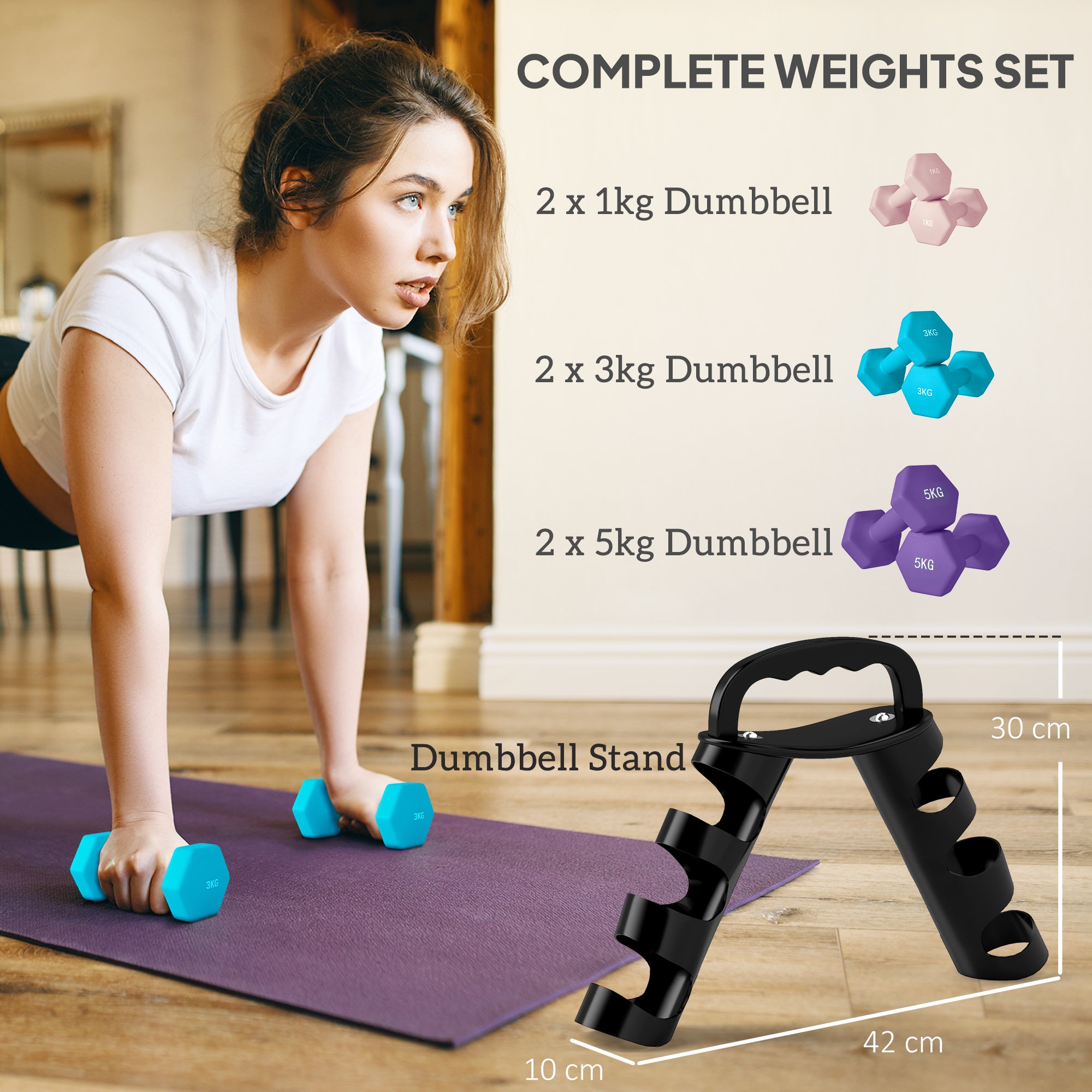 Dumbbells Set with Storage Rack, 2 x 1kg, 2 x 3kg, 2 x 5kg, Pink