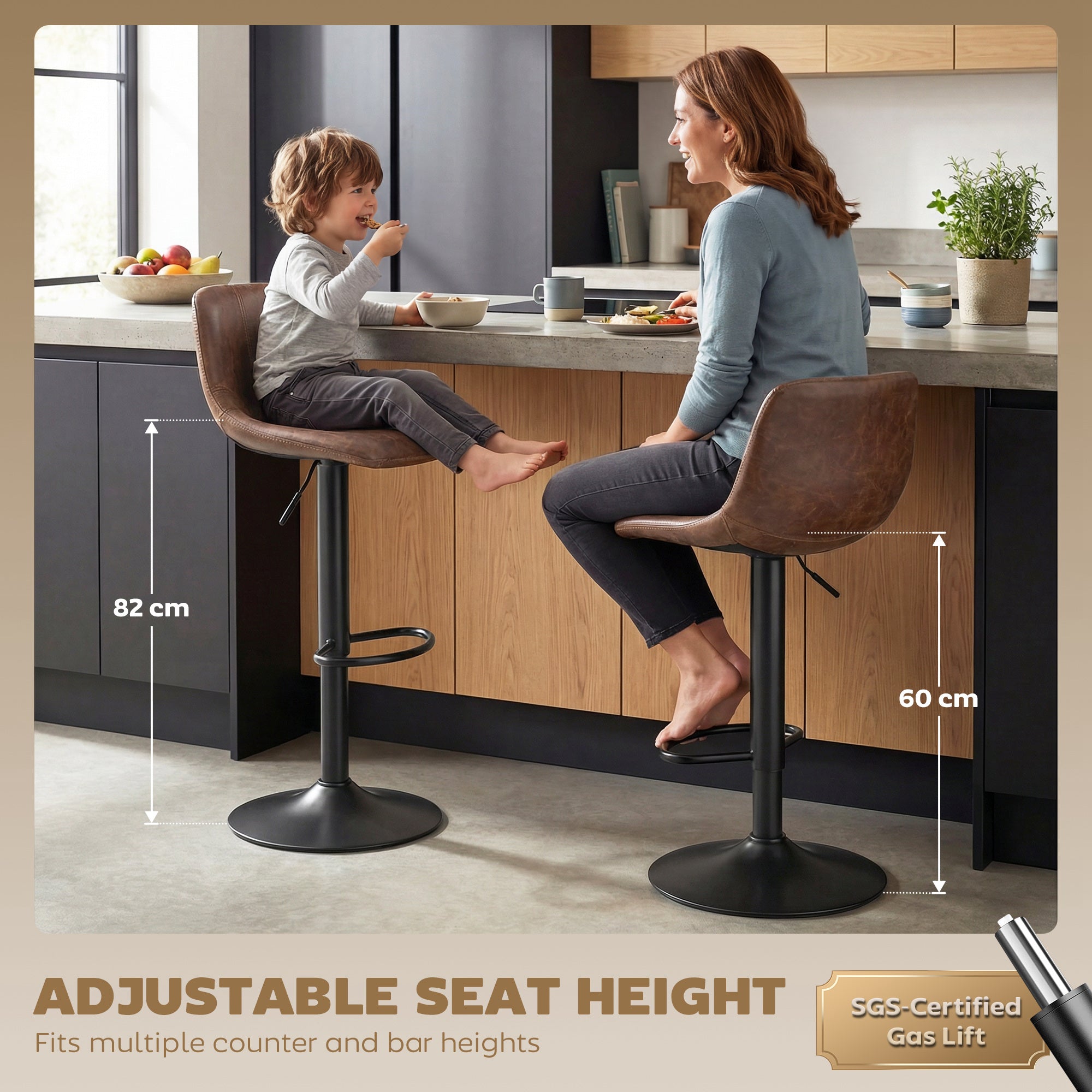 Bar Stools Set of 2, Modern Swivel Barstools with Footrest for Kitchen Island and Dining Room, Brown