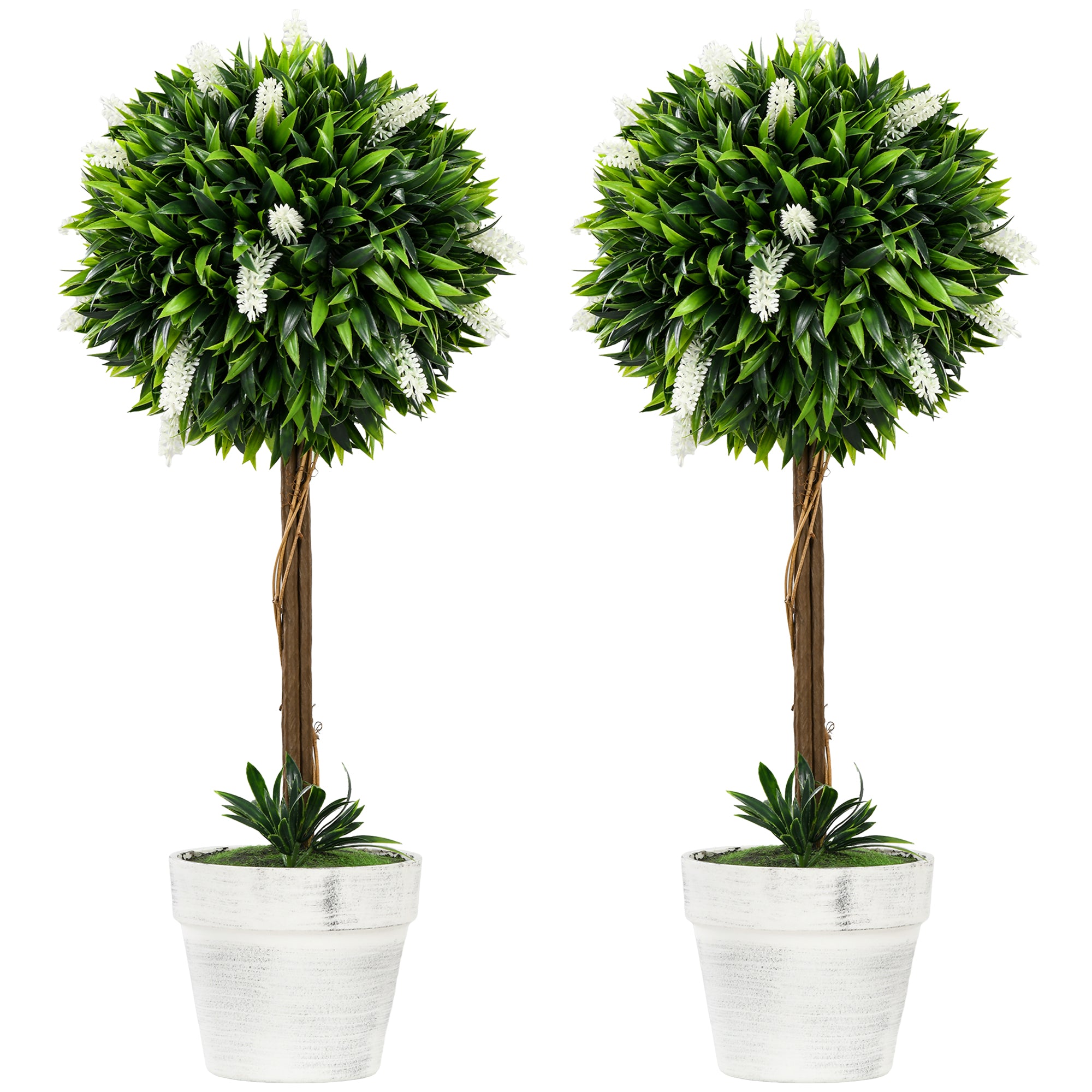 Set of 2 Decorative Artificial Plants Ball Trees with Flower for Home Indoor Outdoor Decor, 60cm ,White