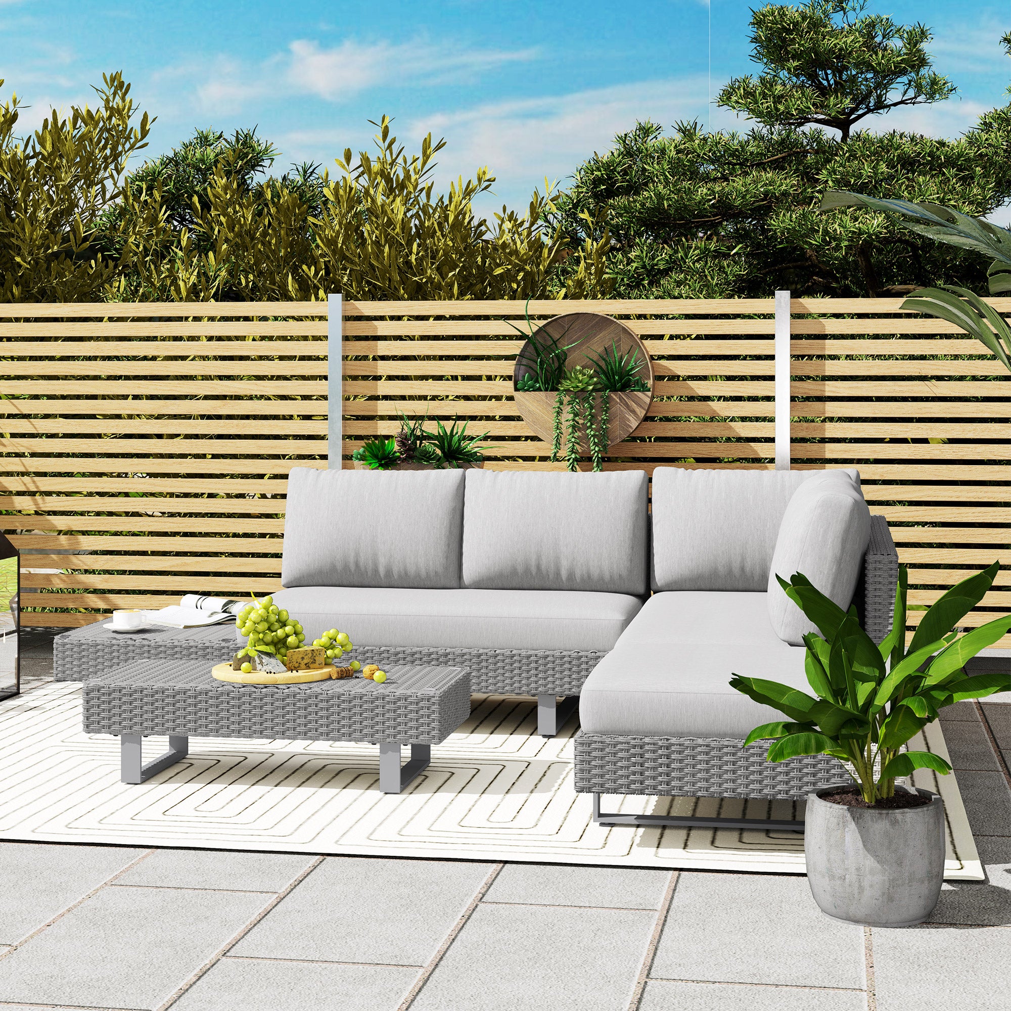 5-Seater Rattan Wicker Patio Sofa Set with Cushions and Tea Table - Light Grey