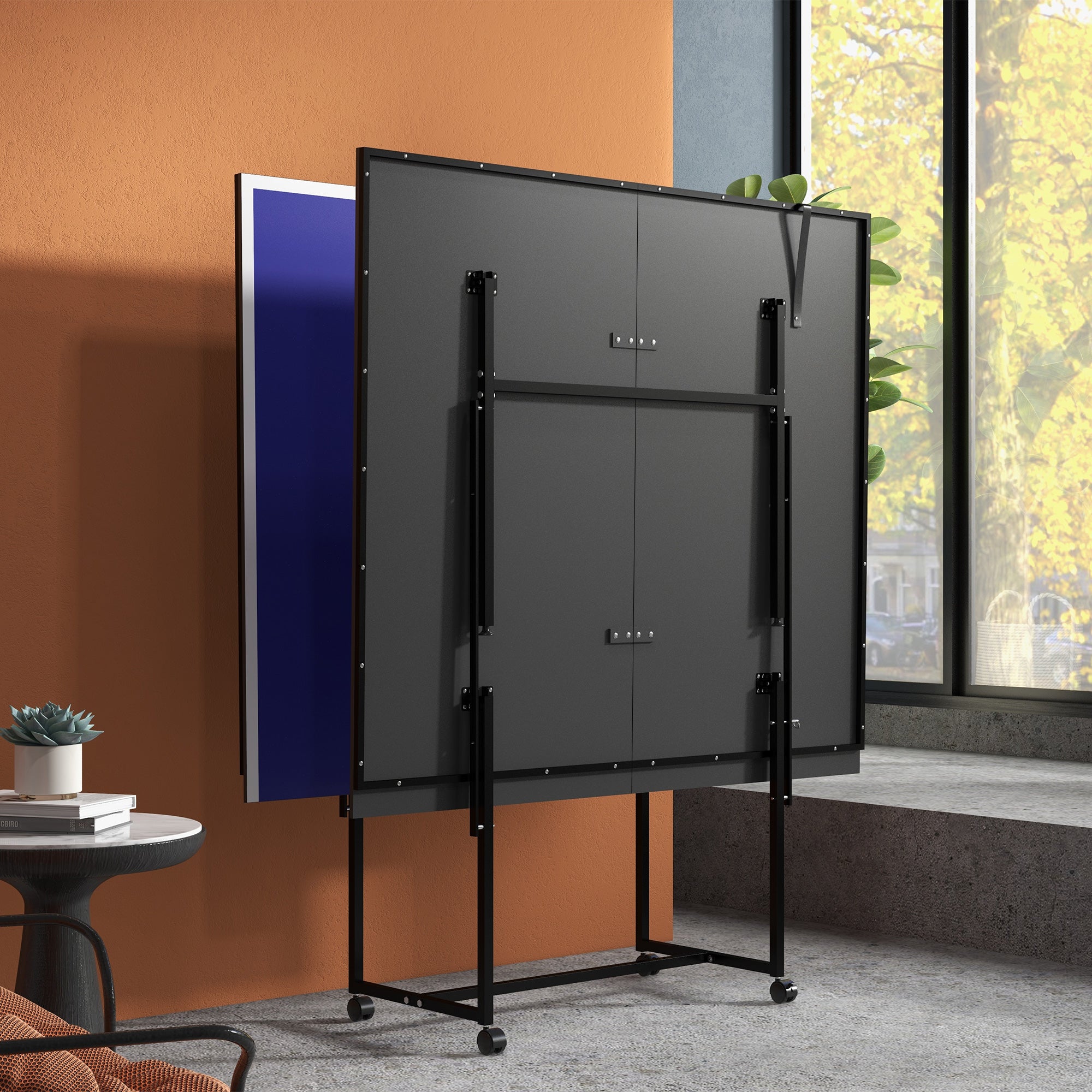 9FT Folding Table Tennis Table with 4 Wheels, for Indoor Use, Blue