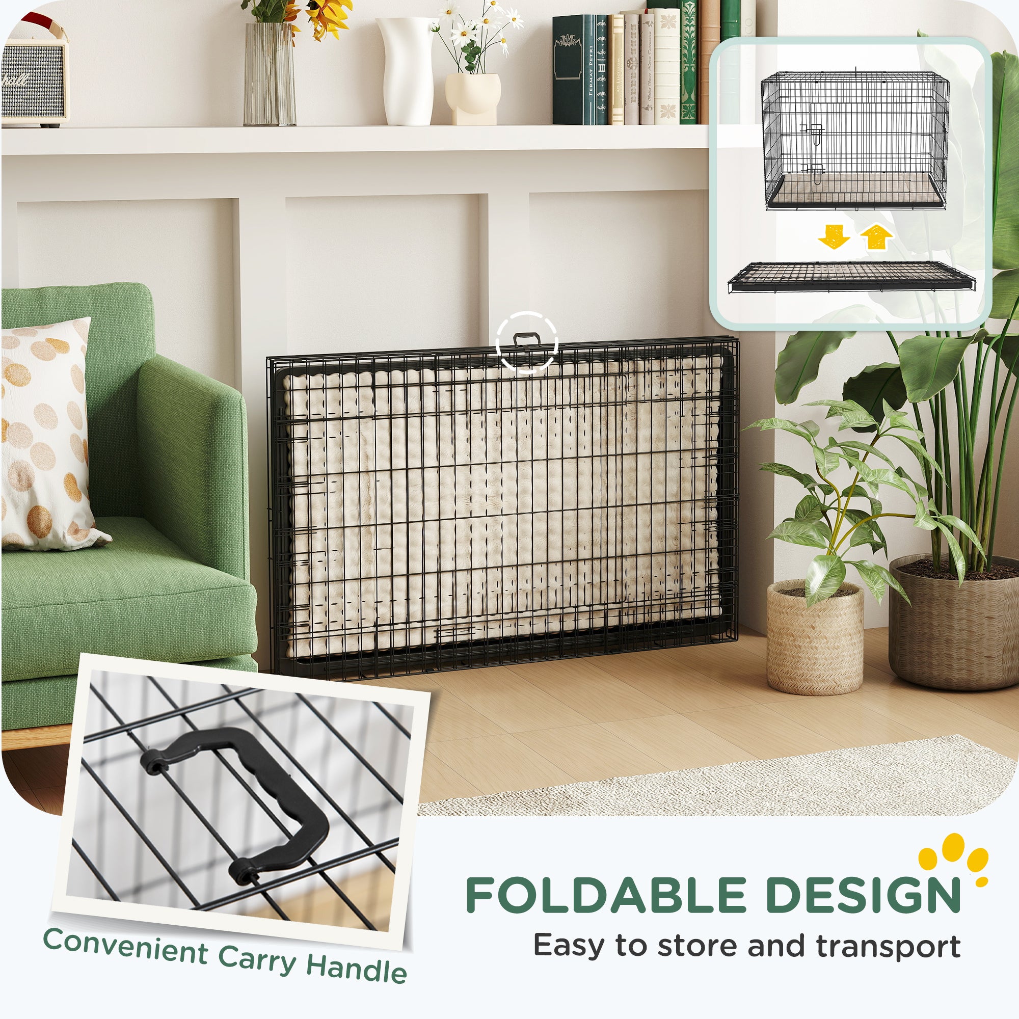 Foldable Dog Crate with 2 Doors with Tray, Soft Cushion, for Extra and Large Dogs, 105 x 70 x 75, Black